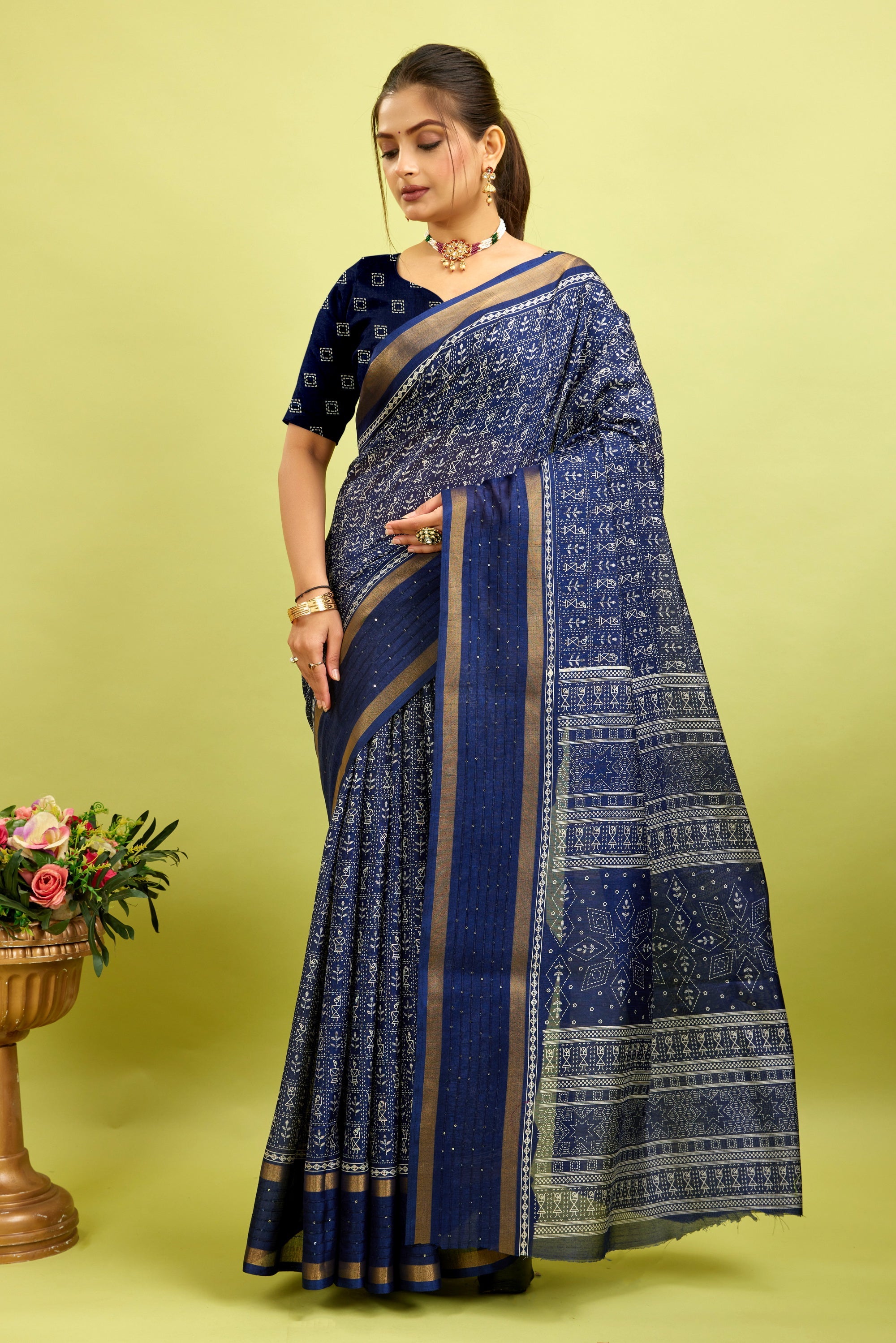 Navy Blue Kalamkari Printed Cotton Silk Saree