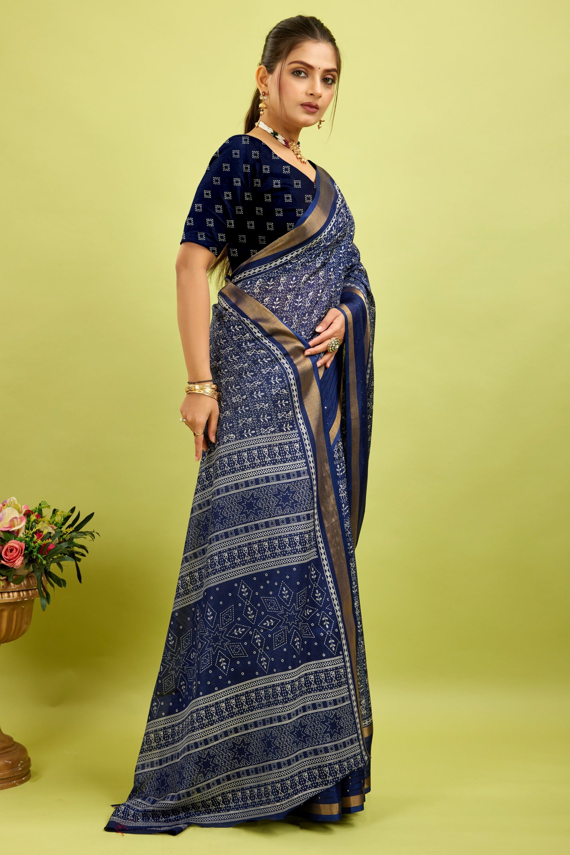 Navy Blue Kalamkari Printed Cotton Silk Saree