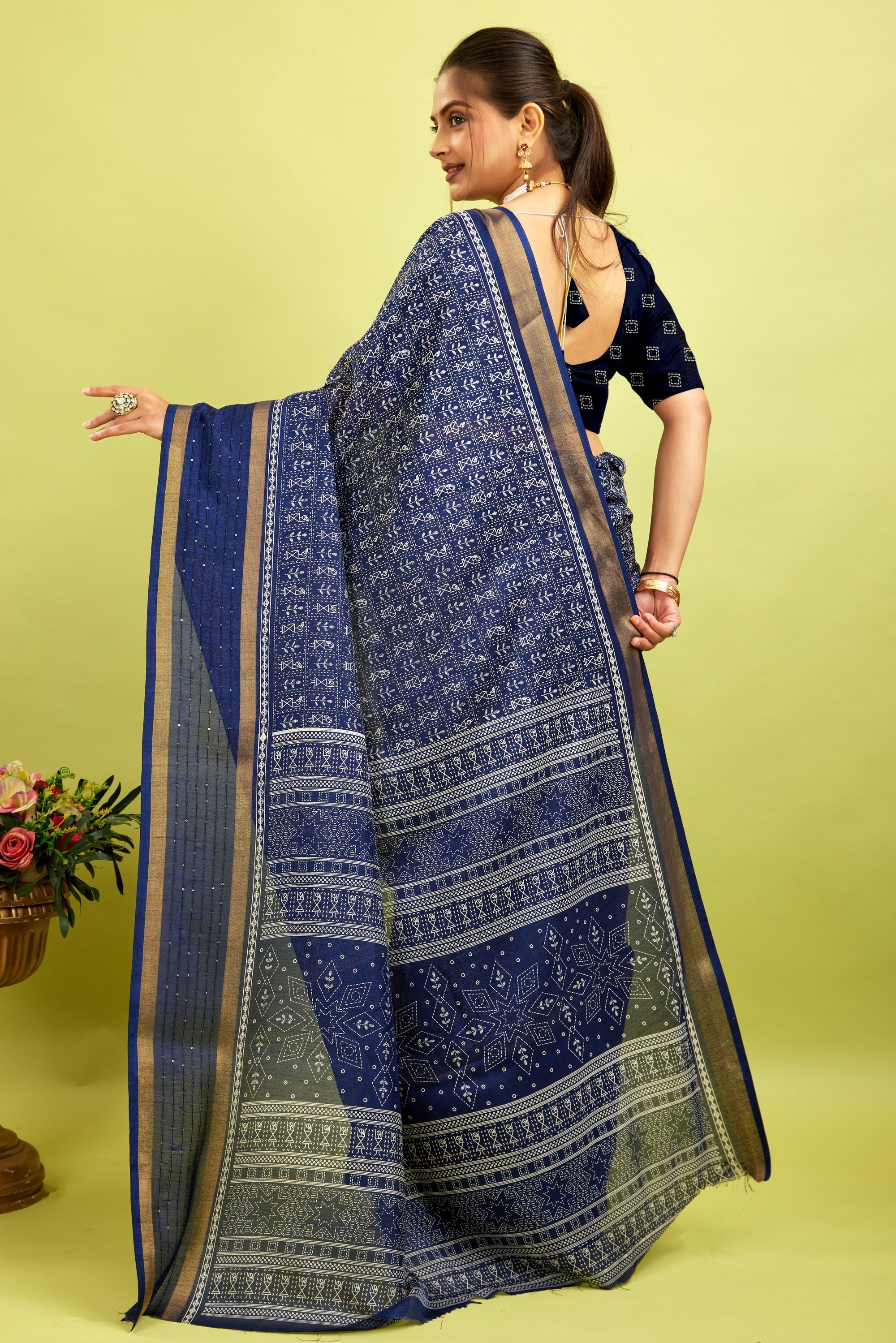 Navy Blue Kalamkari Printed Cotton Silk Saree