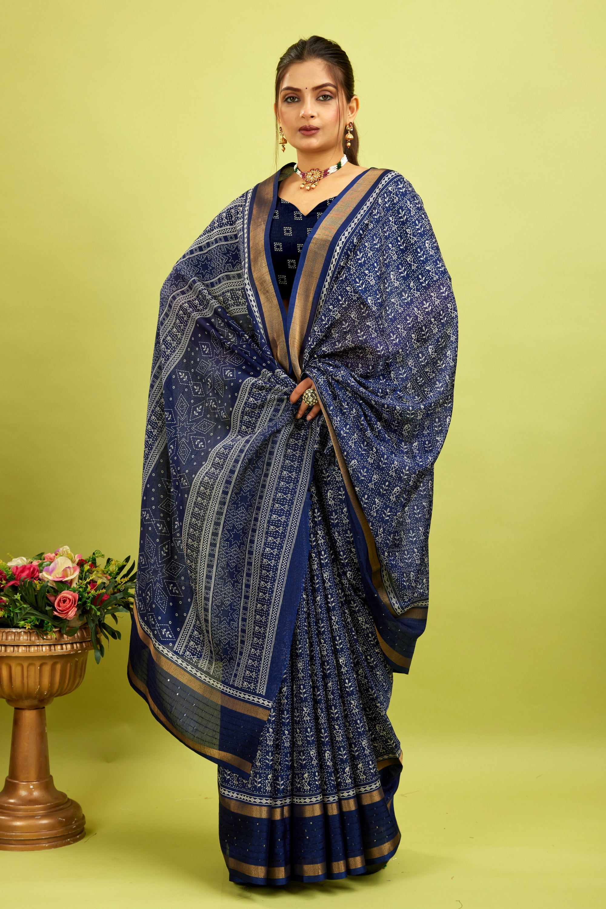 Navy Blue Kalamkari Printed Cotton Silk Saree