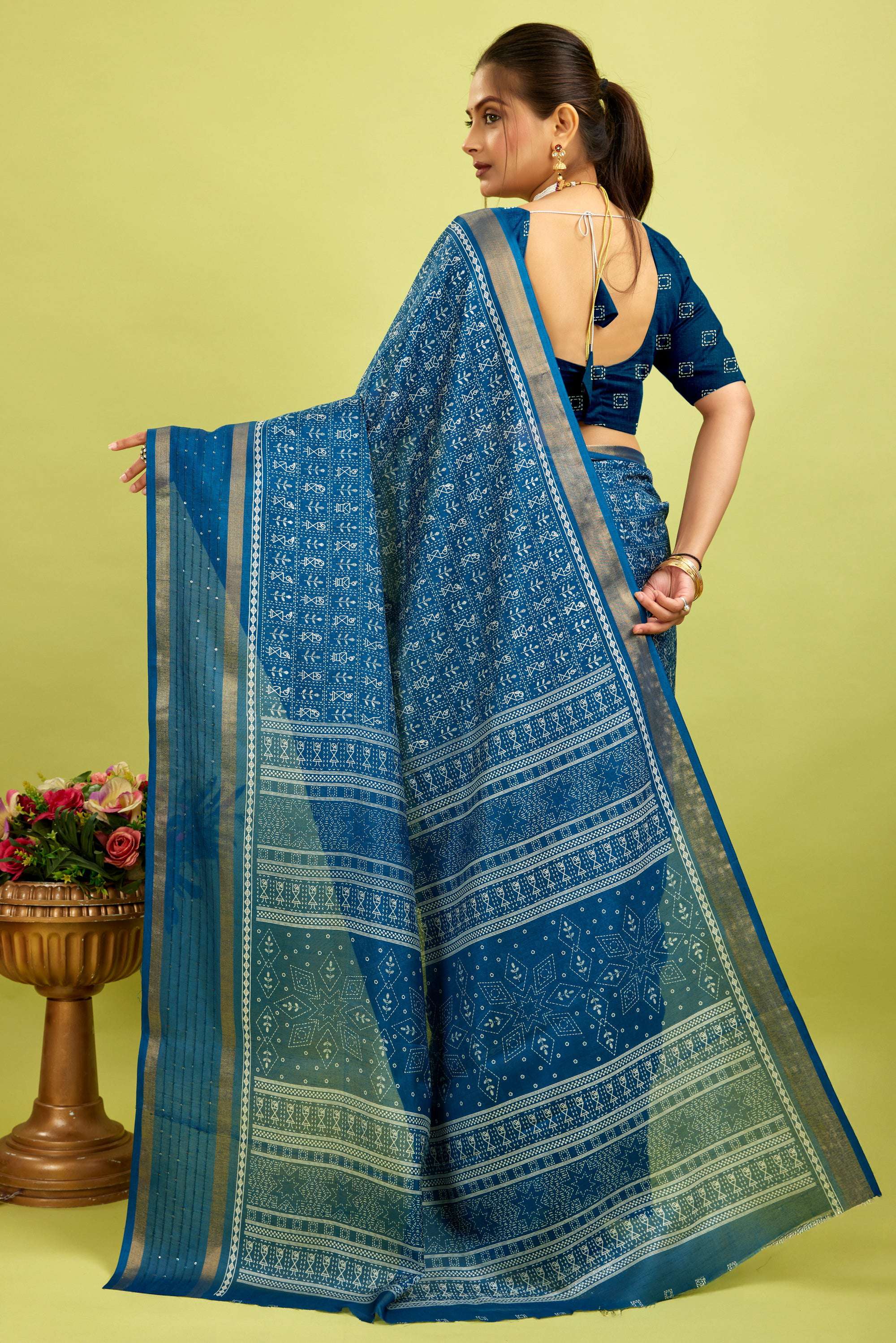Blue Kalamkari Printed Cotton Silk Saree