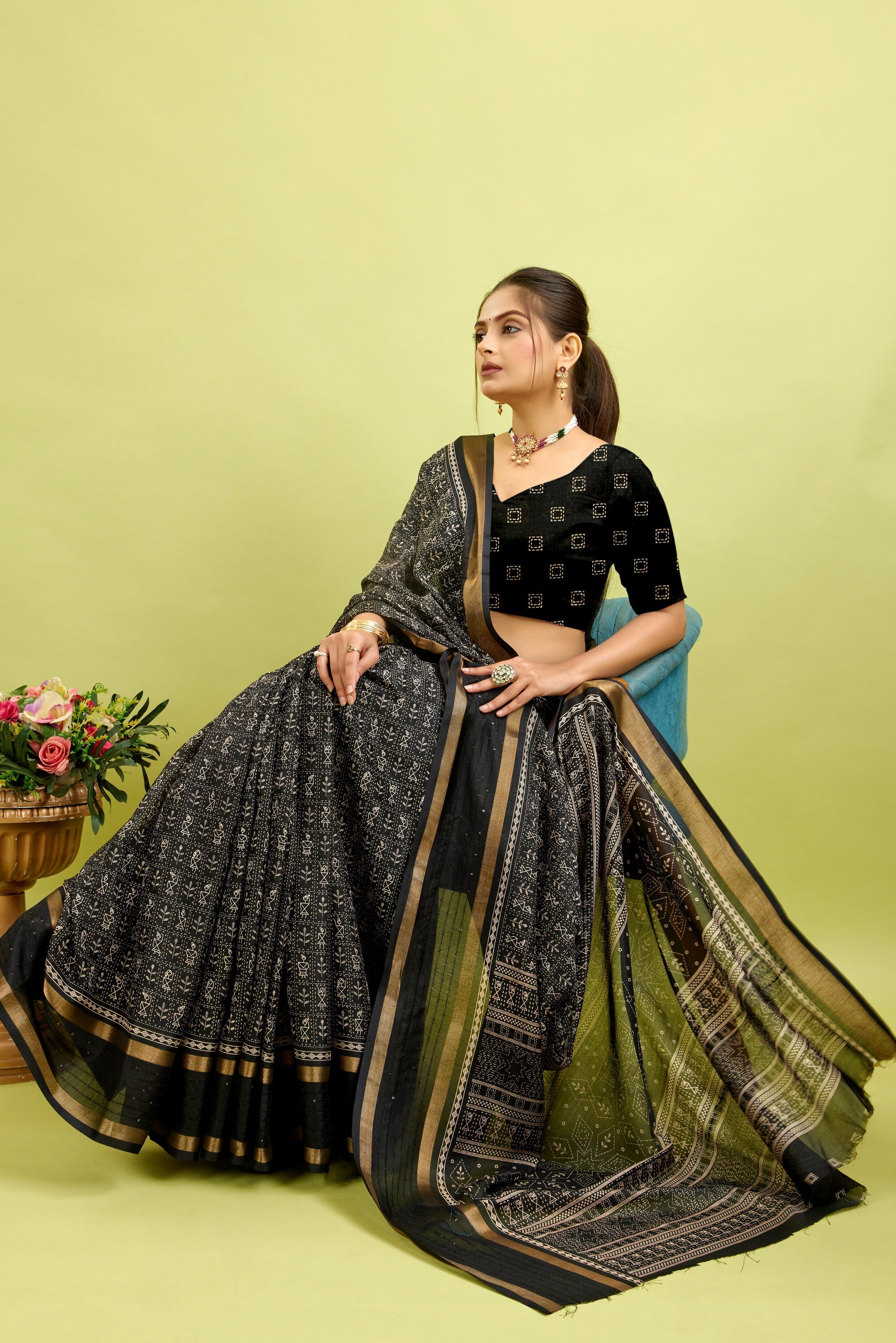 Black Kalamkari Printed Cotton Silk Saree