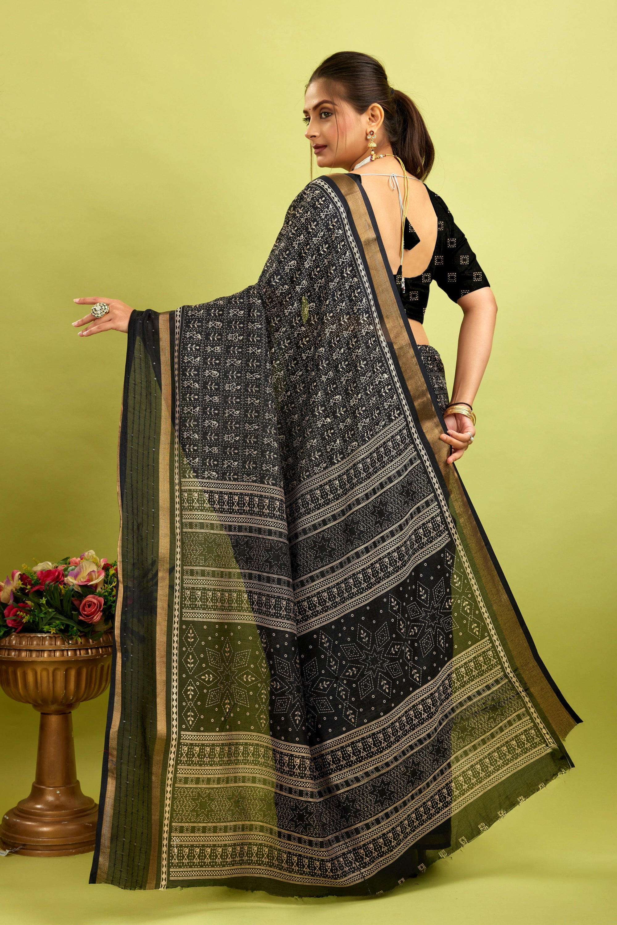 Black Kalamkari Printed Cotton Silk Saree
