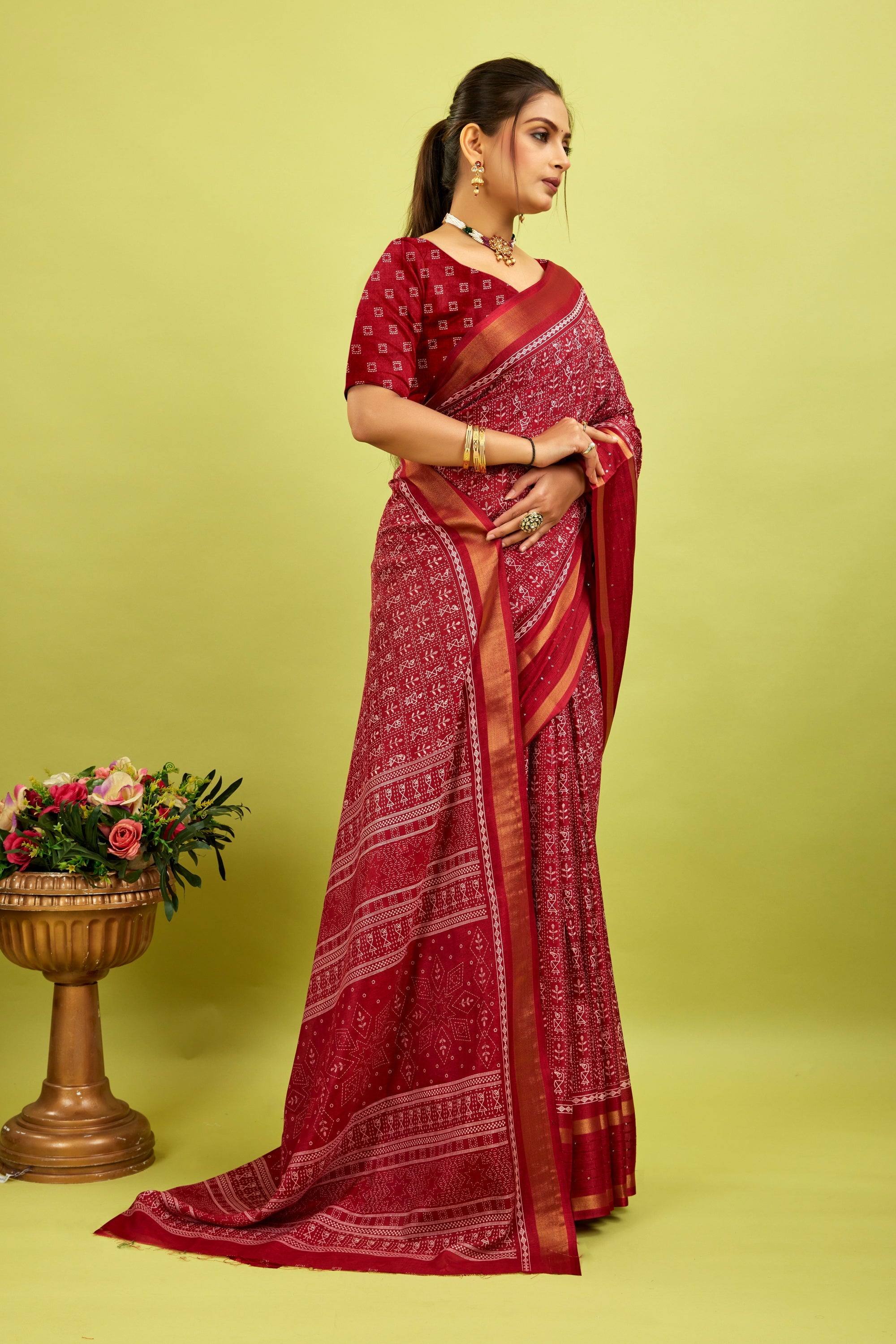 Maroon Kalamkari Printed Cotton Silk Saree