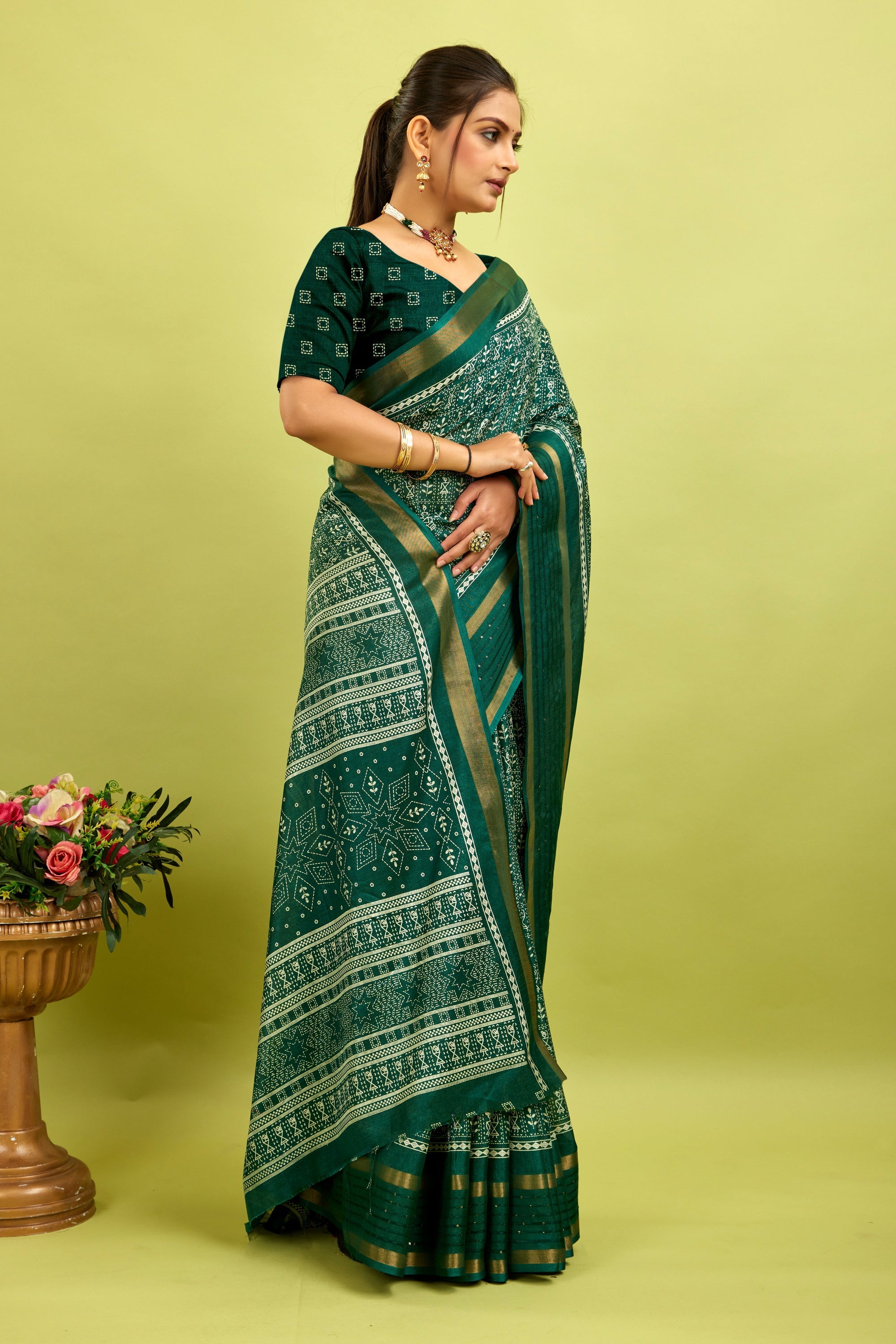 Green Kalamkari Printed Cotton Silk Saree