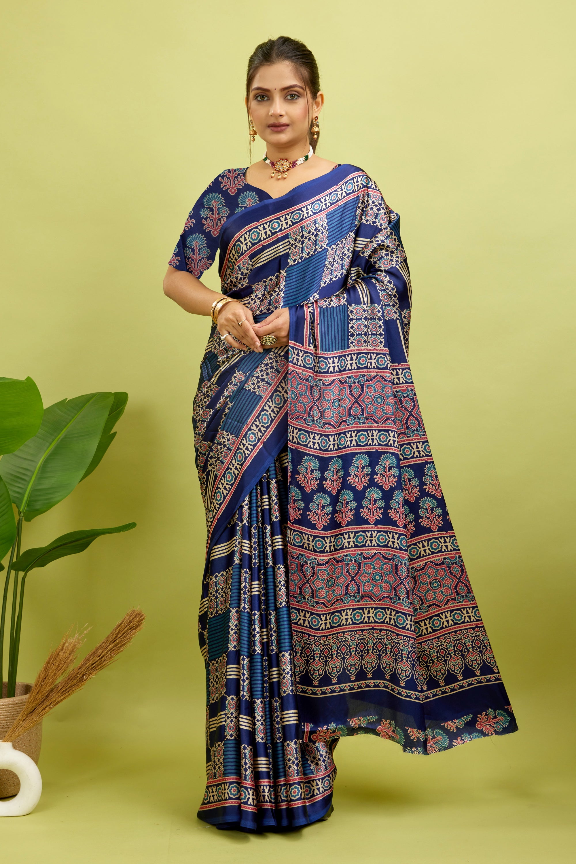Navy Ajrakh Semi Gaji Silk Saree