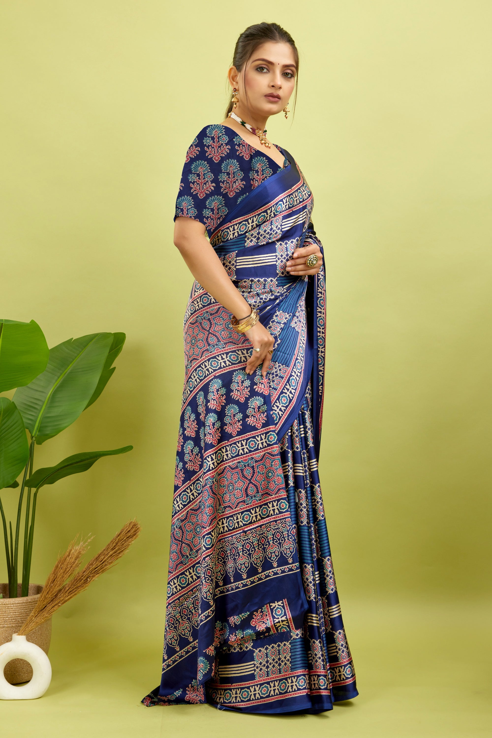 Navy Ajrakh Semi Gaji Silk Saree