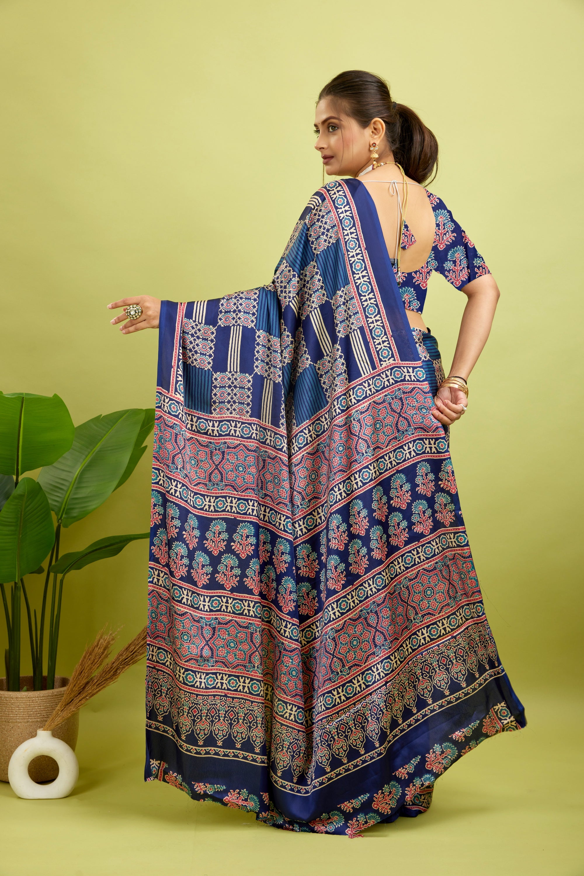 Navy Ajrakh Semi Gaji Silk Saree