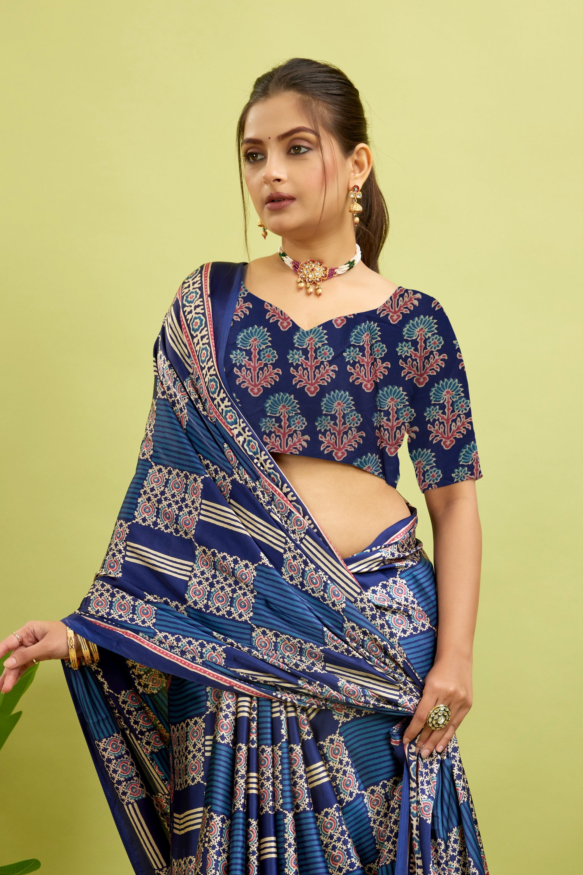 Navy Ajrakh Semi Gaji Silk Saree