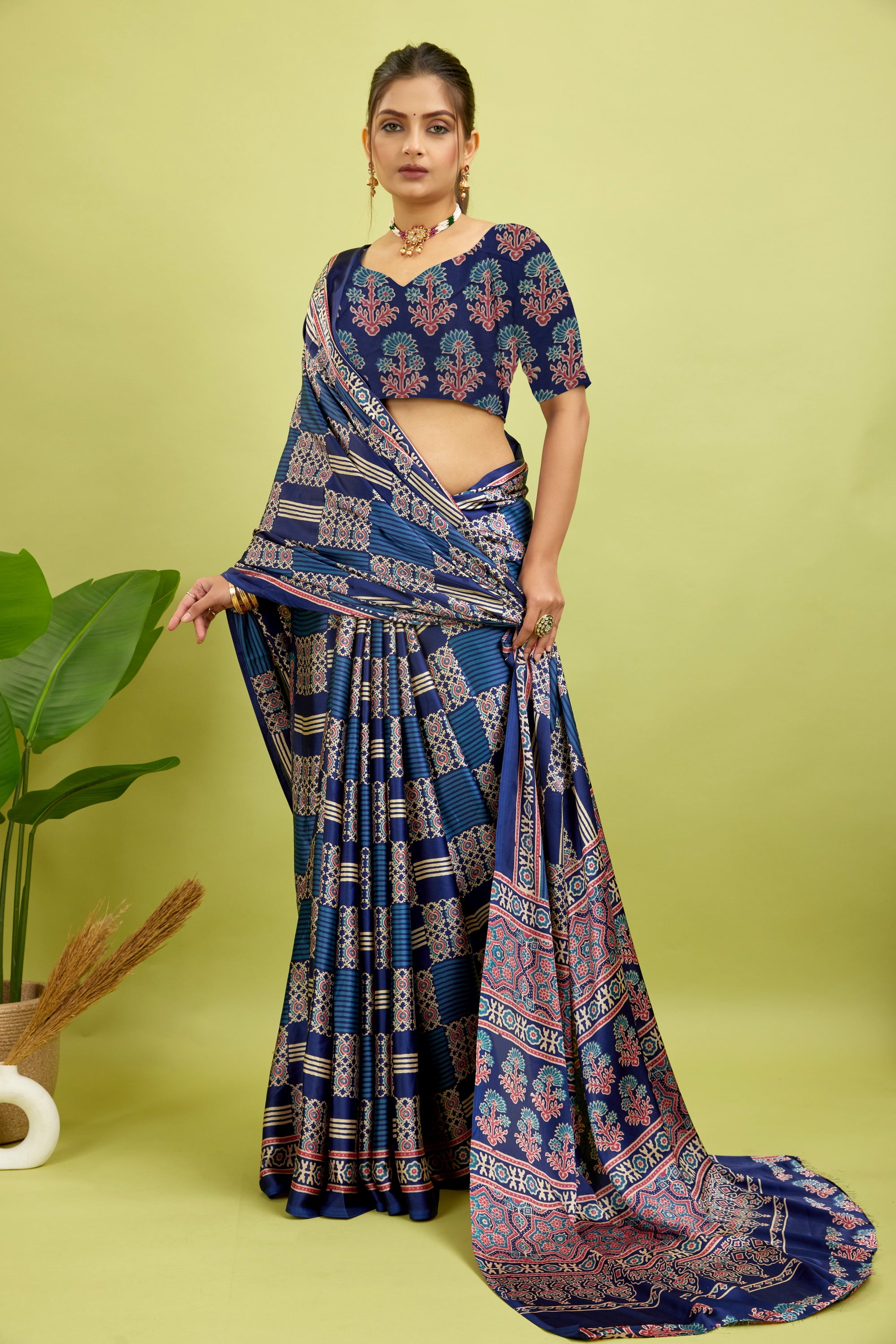 Navy Ajrakh Semi Gaji Silk Saree