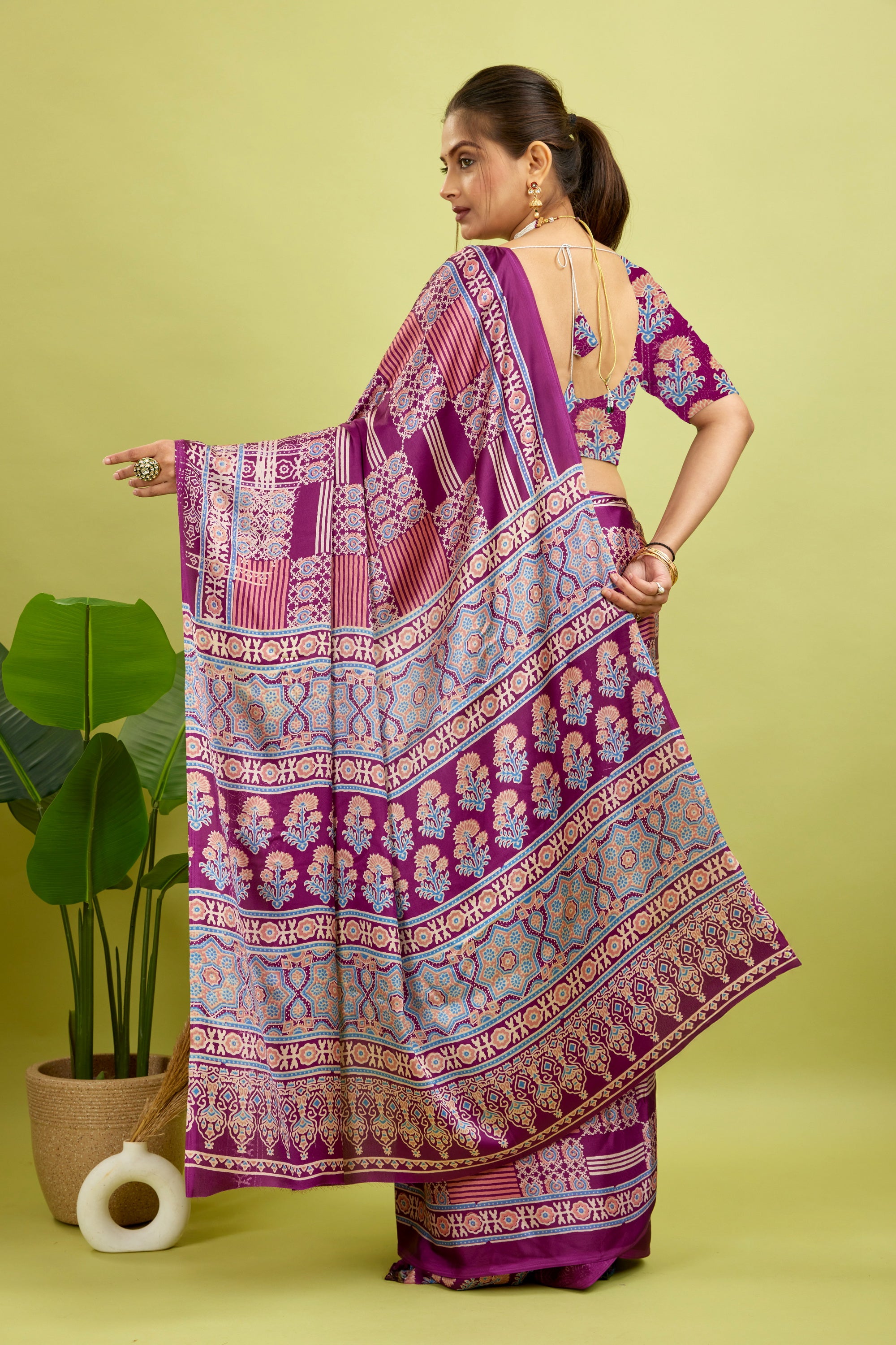 Purple Ajrakh Semi Gaji Silk Saree