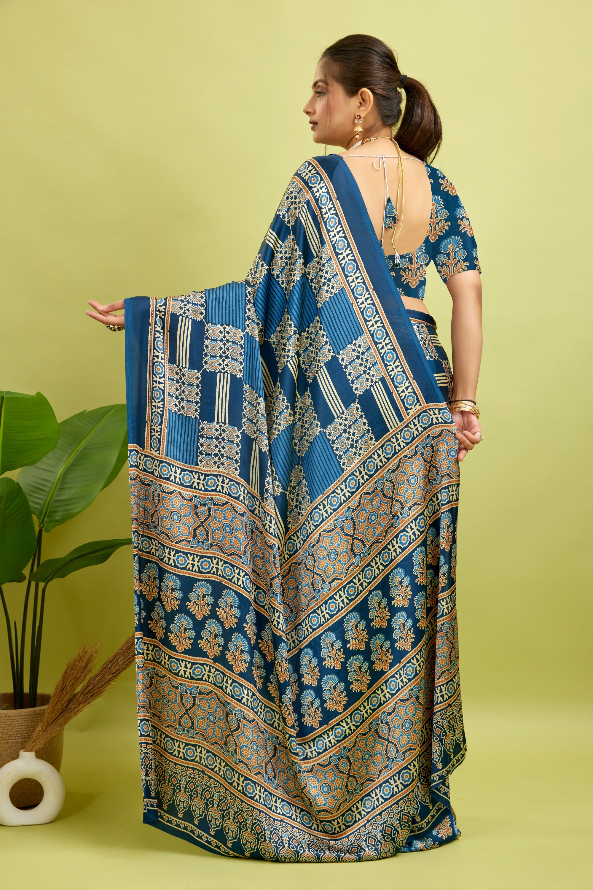 Royal Blue Ajrakh Semi Gaji Silk Saree