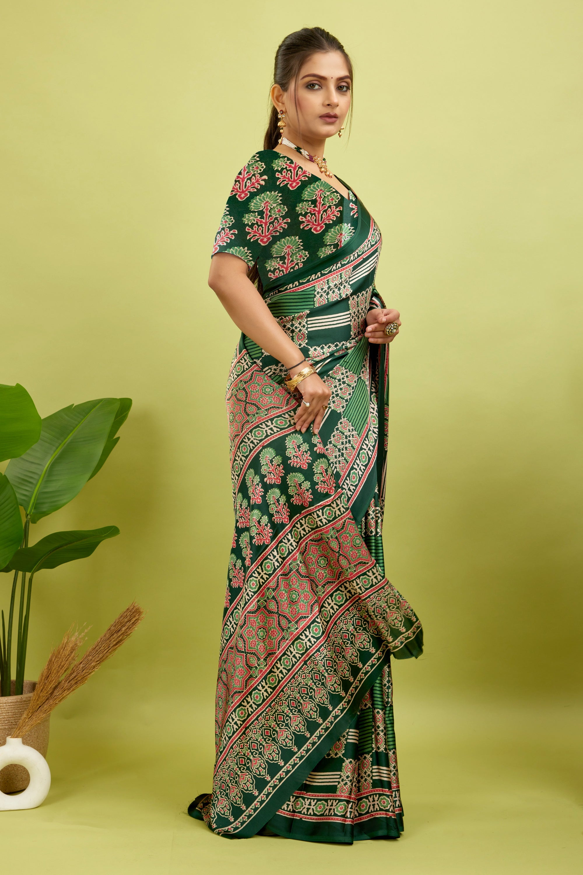 Green Ajrakh Semi Gaji Silk Saree