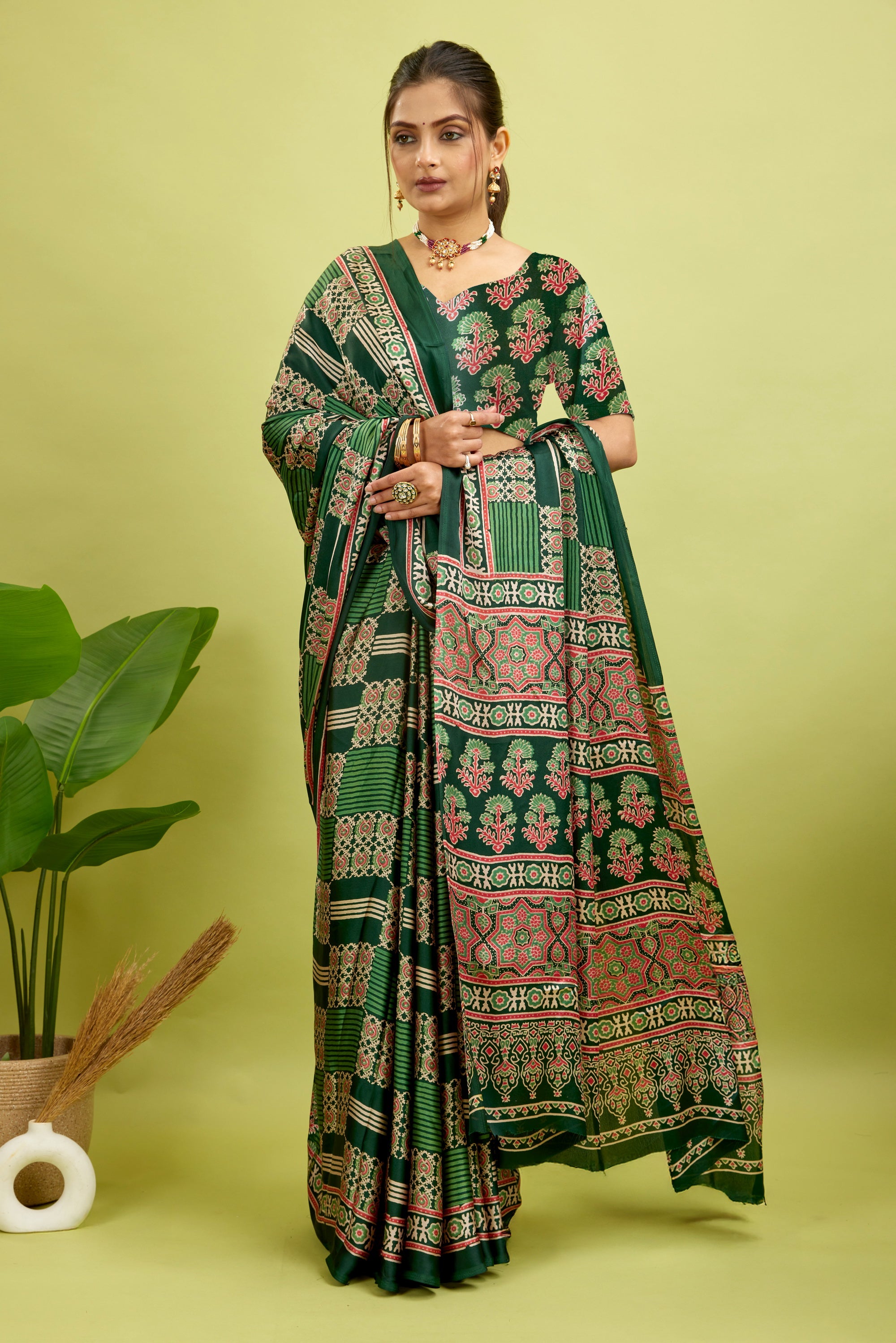 Green Ajrakh Semi Gaji Silk Saree