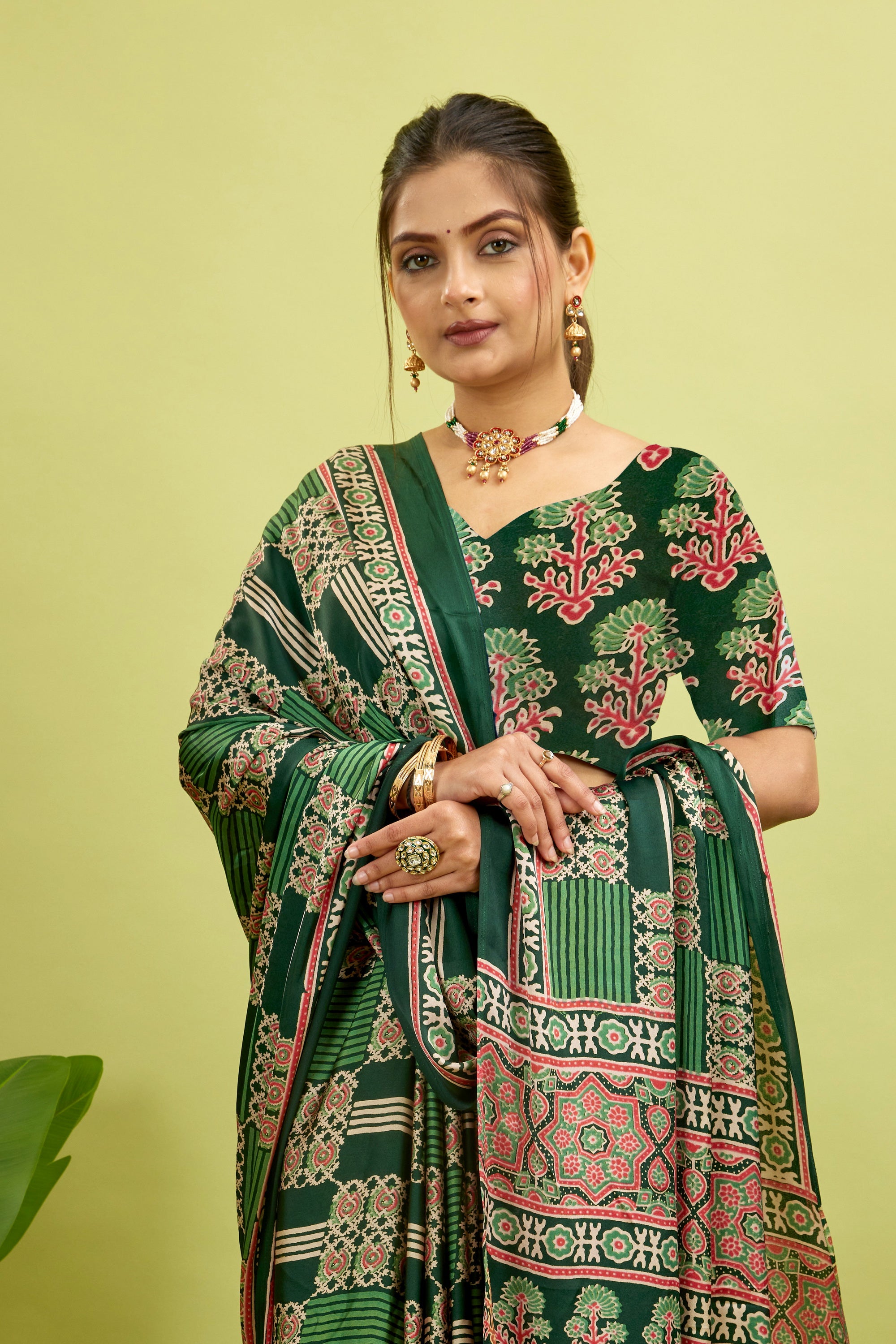 Green Ajrakh Semi Gaji Silk Saree