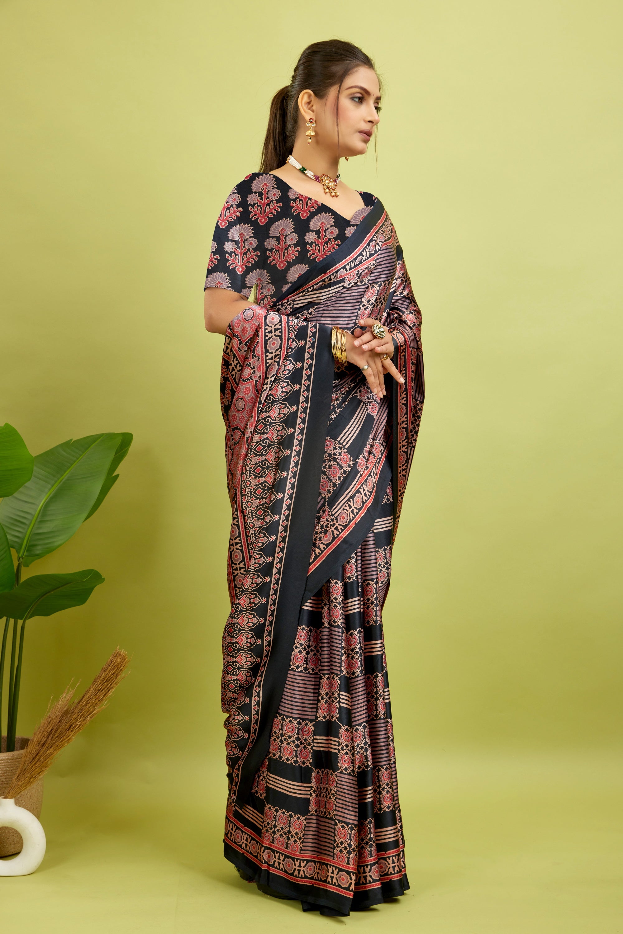 Black Ajrakh Semi Gaji Silk Saree