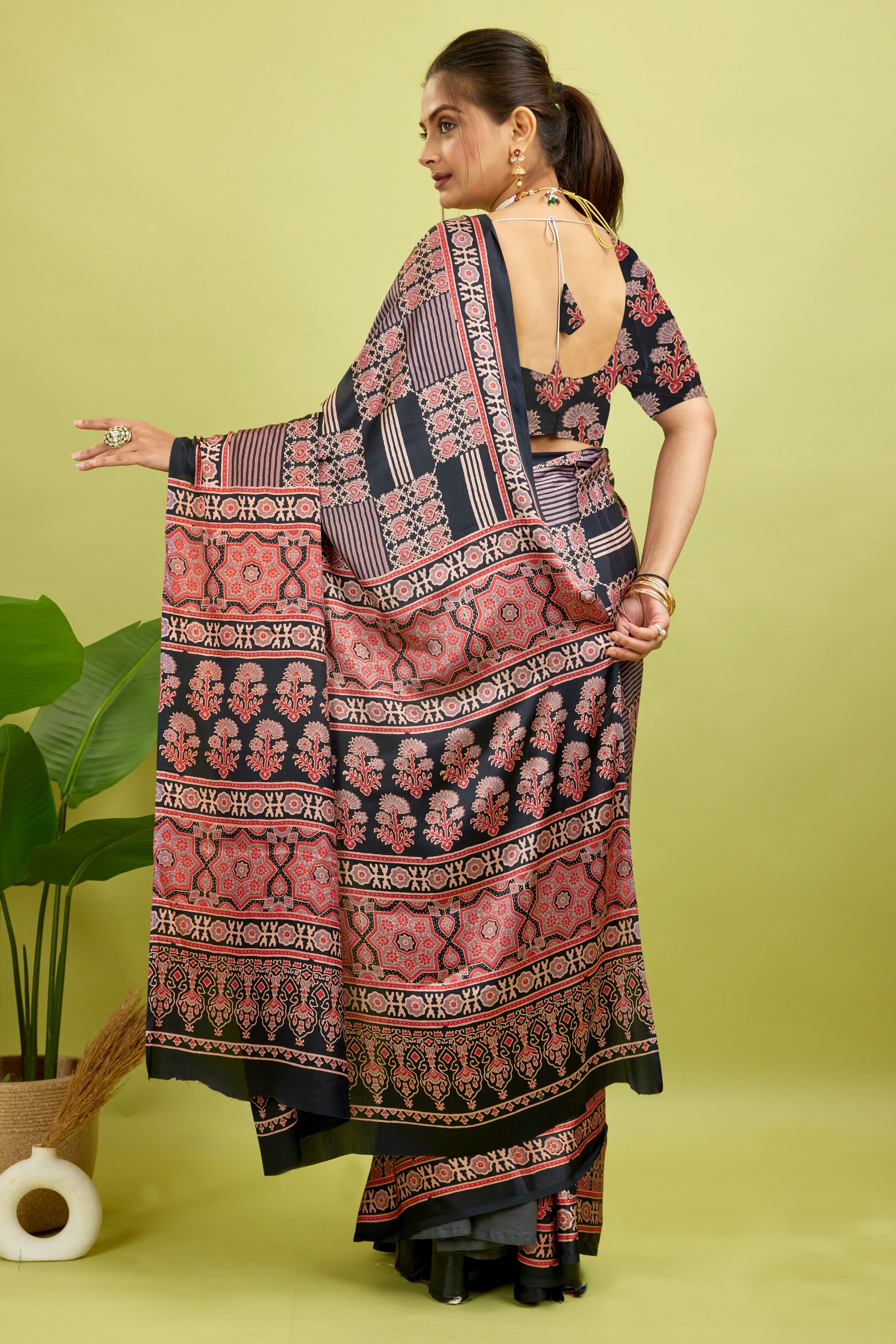 Black Ajrakh Semi Gaji Silk Saree