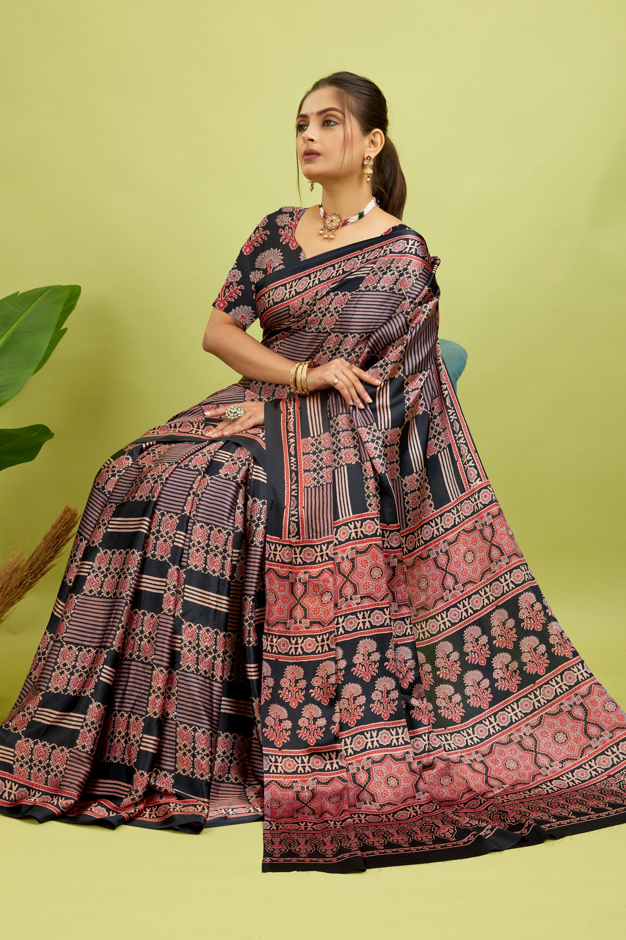 Black Ajrakh Semi Gaji Silk Saree