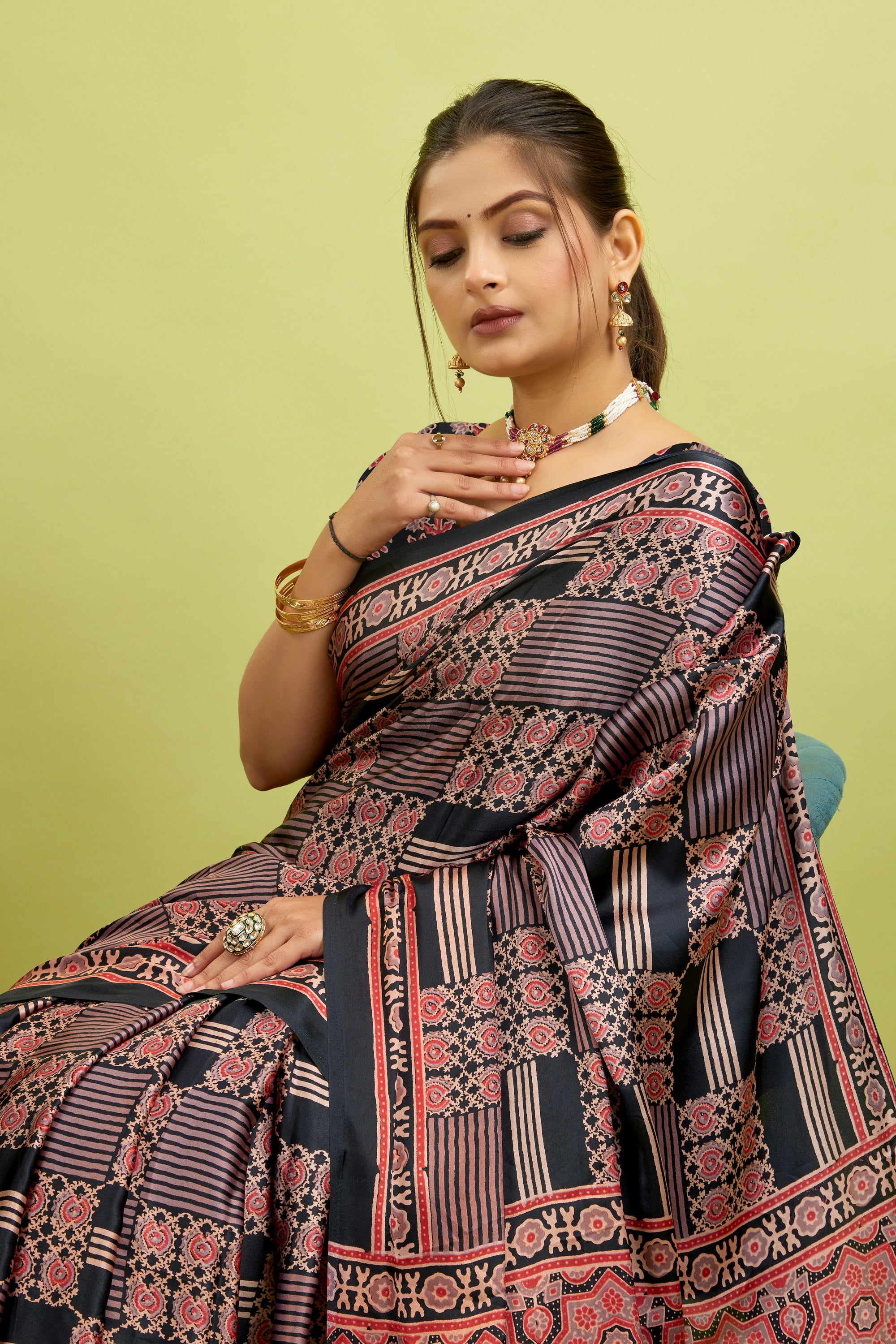 Black Ajrakh Semi Gaji Silk Saree
