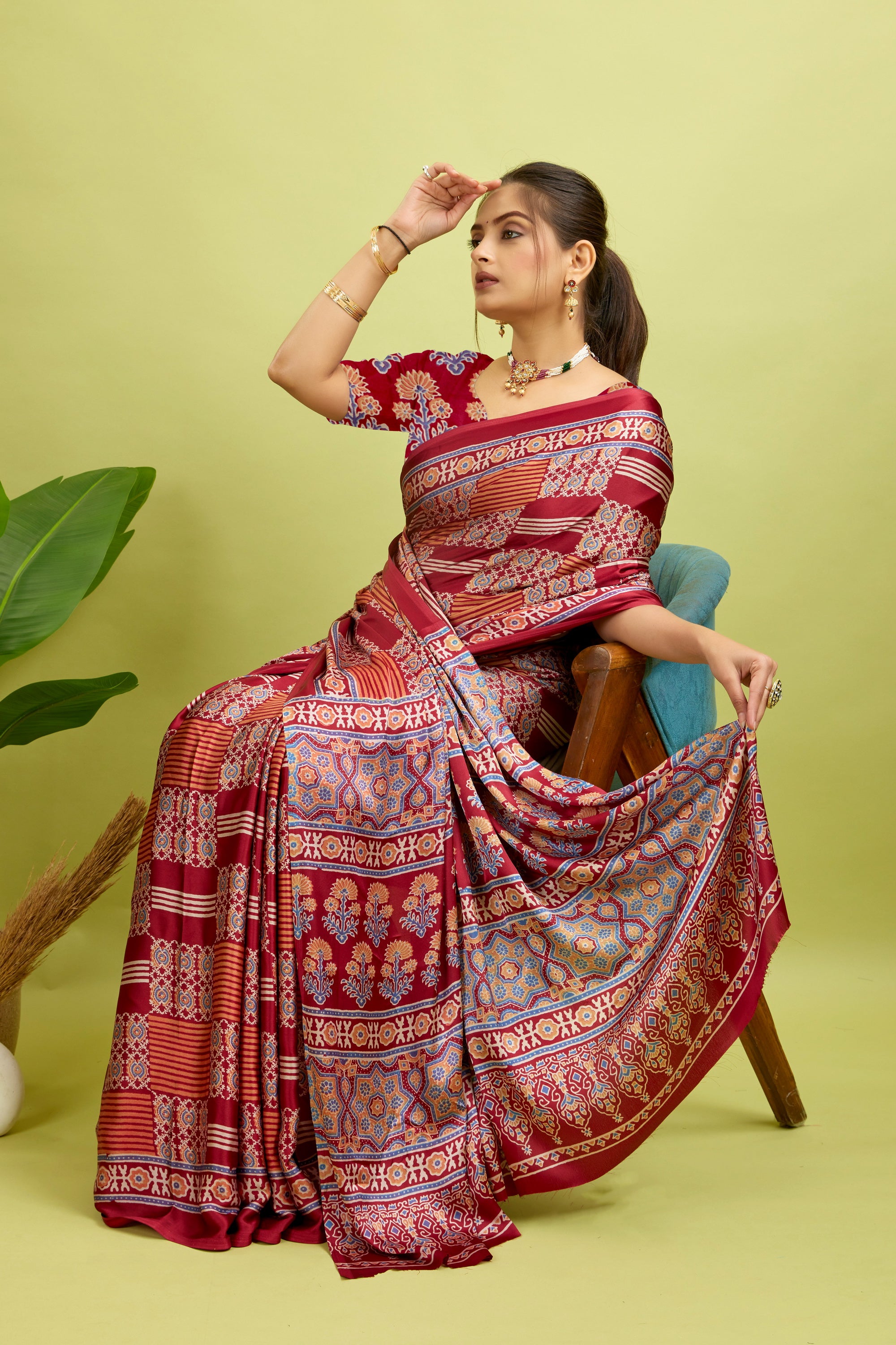 Red Ajrakh Semi Gaji Silk Saree