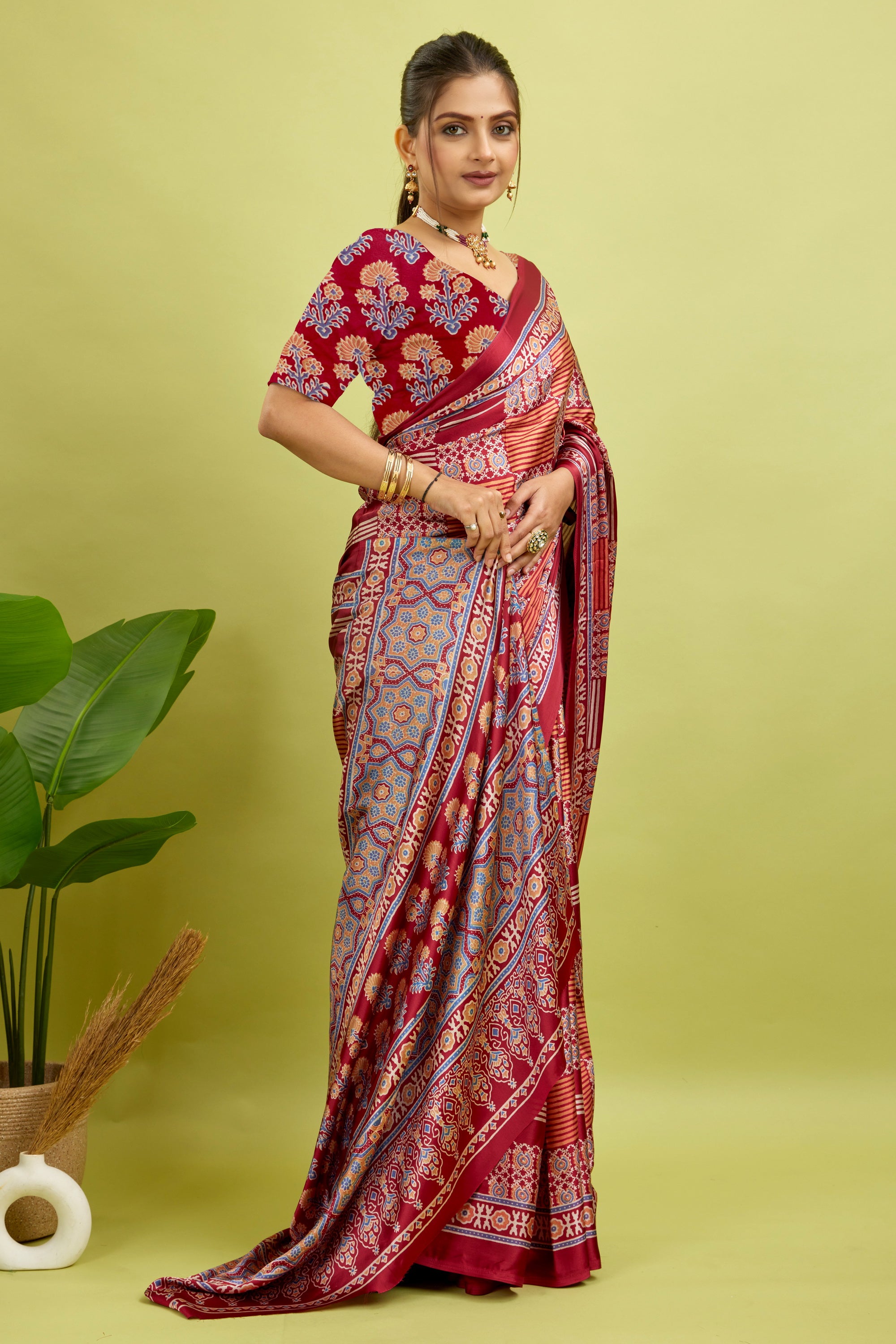 Red Ajrakh Semi Gaji Silk Saree