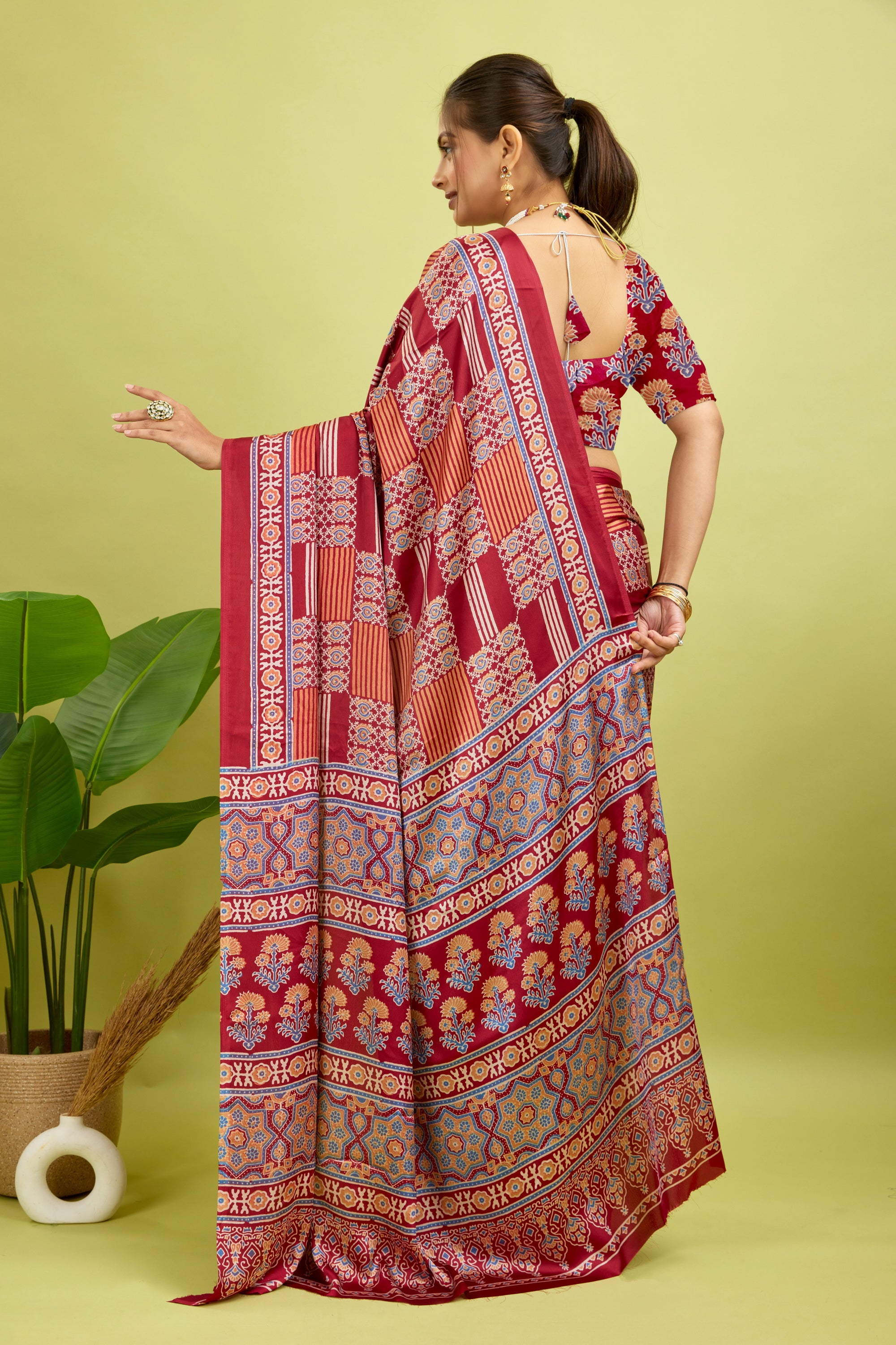 Red Ajrakh Semi Gaji Silk Saree