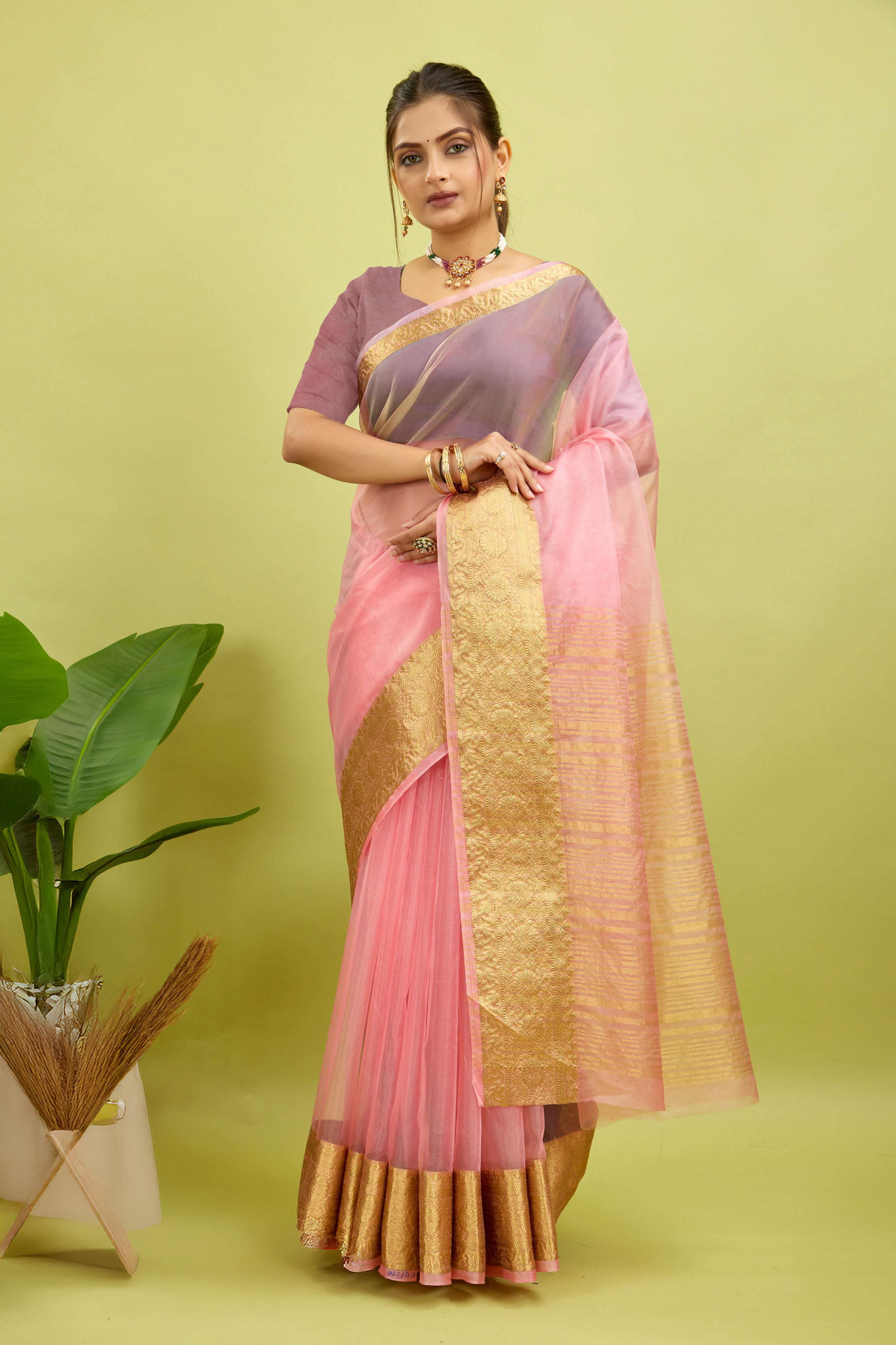 Pink Woven Organza Soft Jacquard Saree