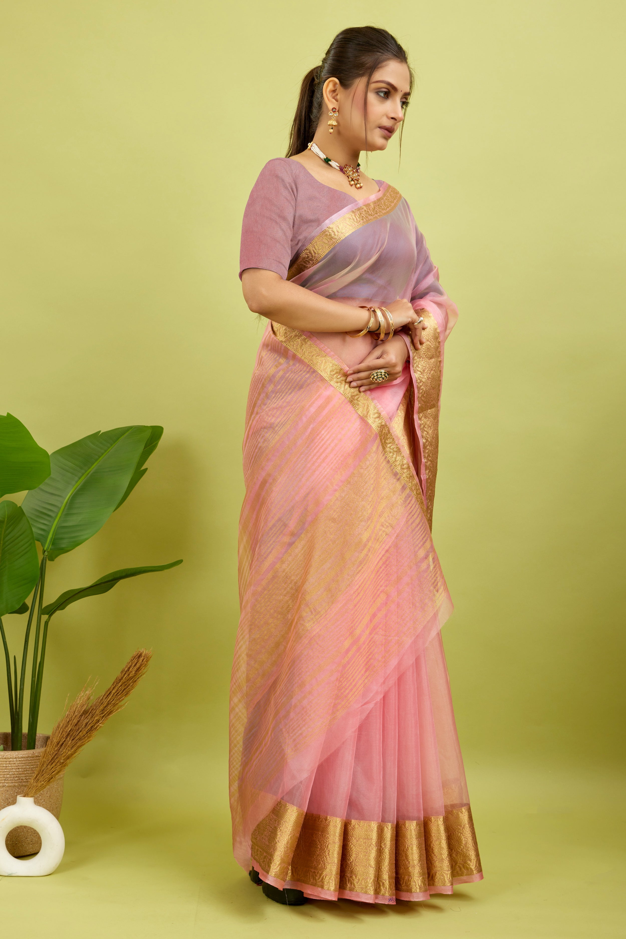 Pink Woven Organza Soft Jacquard Saree