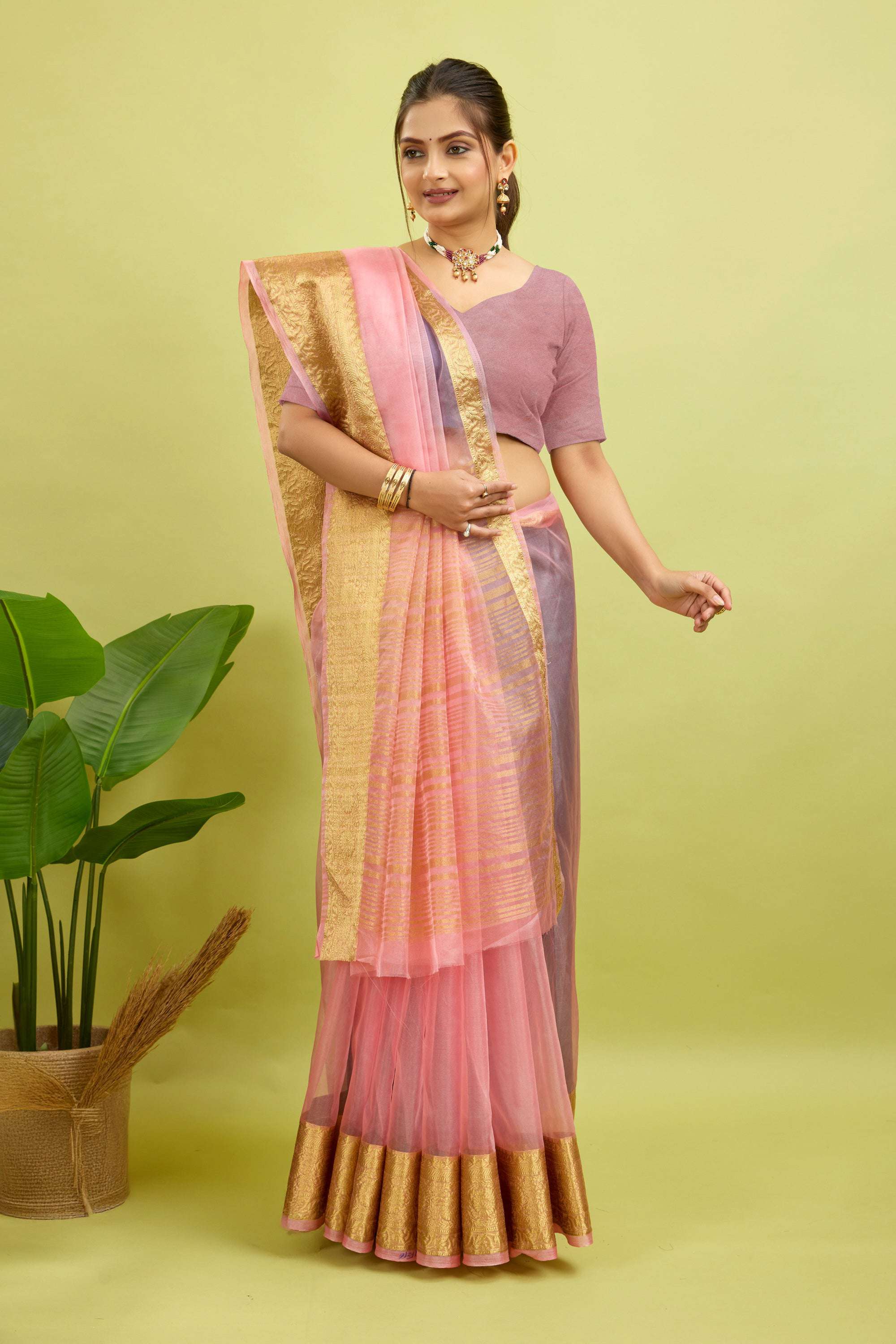 Pink Woven Organza Soft Jacquard Saree