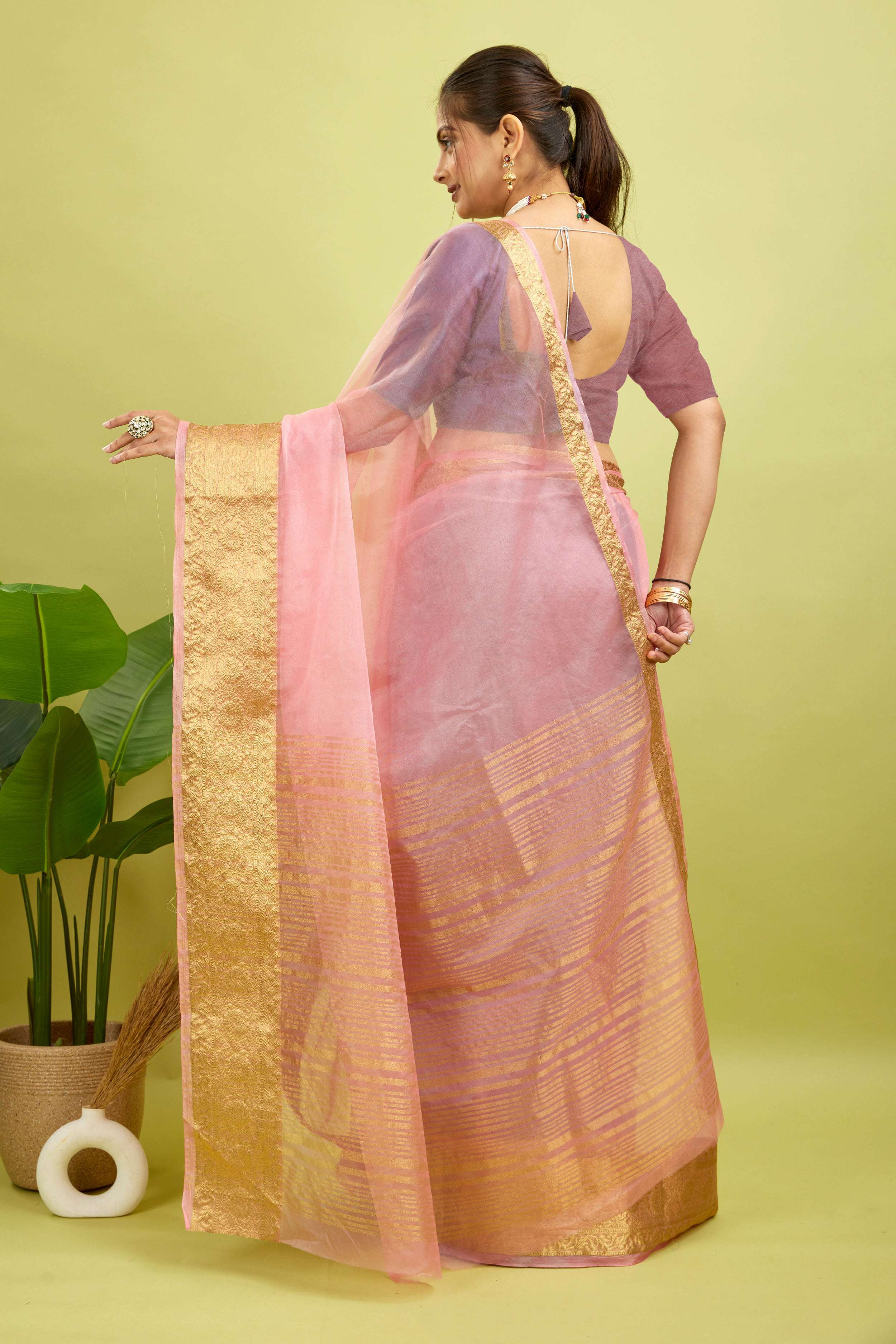 Pink Woven Organza Soft Jacquard Saree