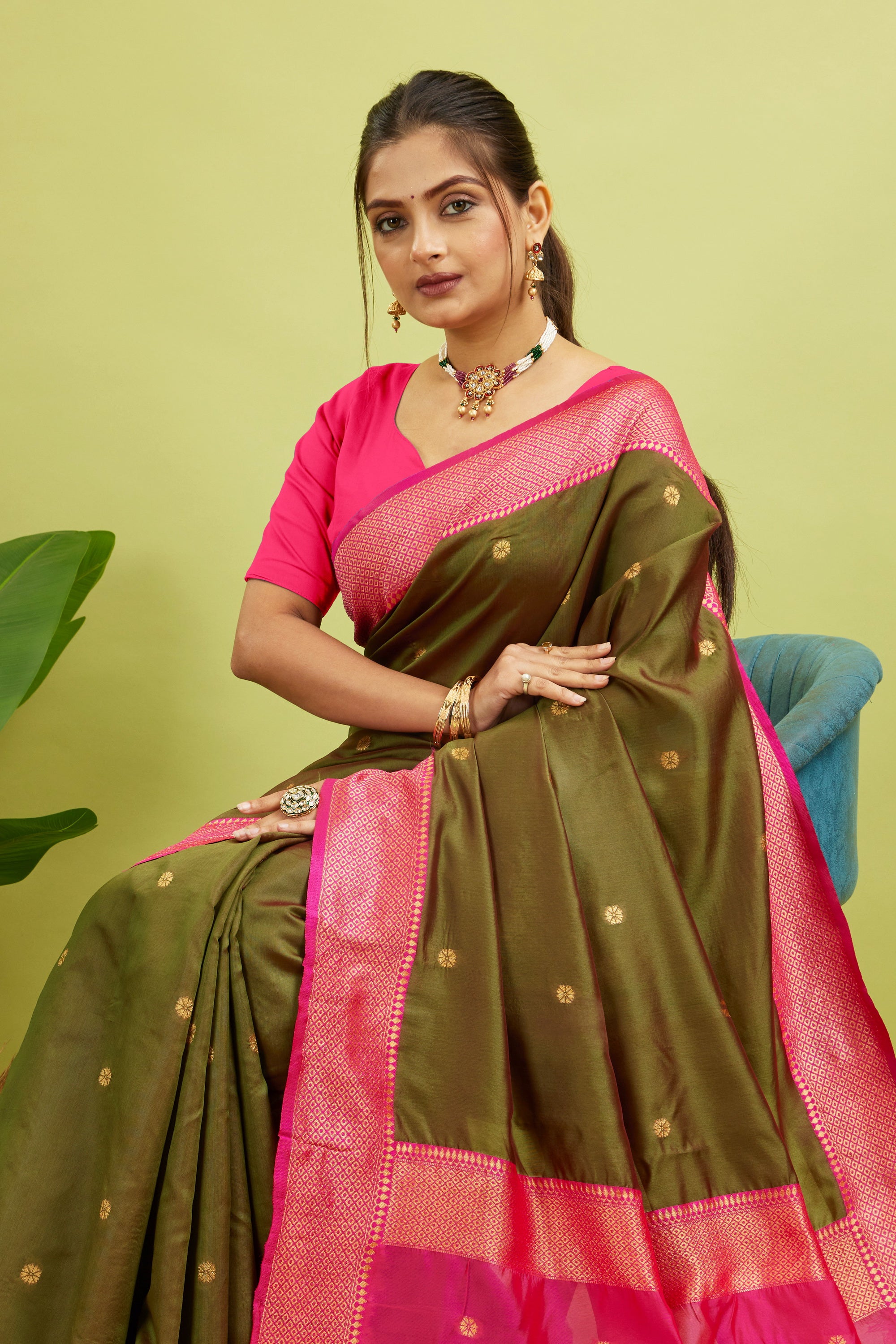 Mehendi Green Silk Blend Saree