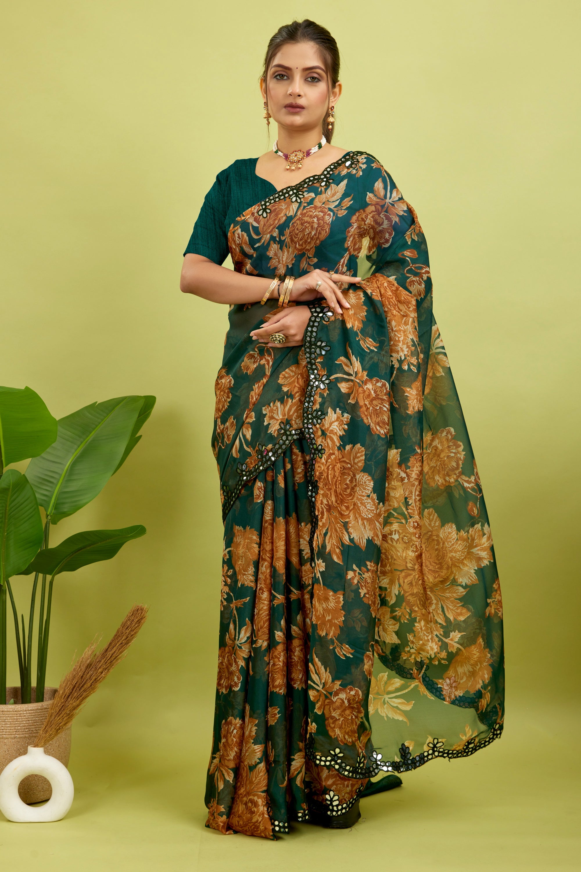 Green Foil Work Border Georgette saree