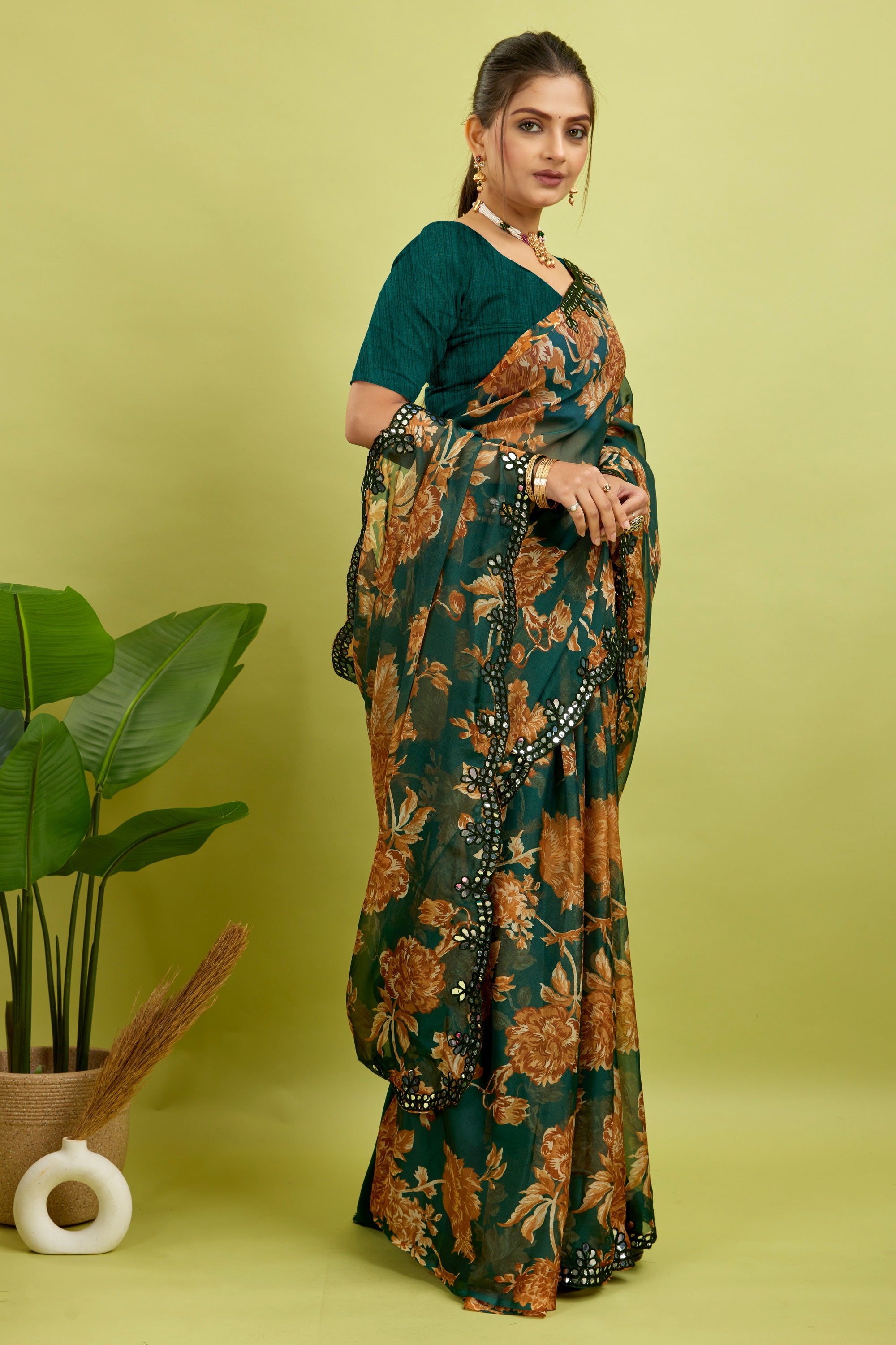 Green Foil Work Border Georgette saree