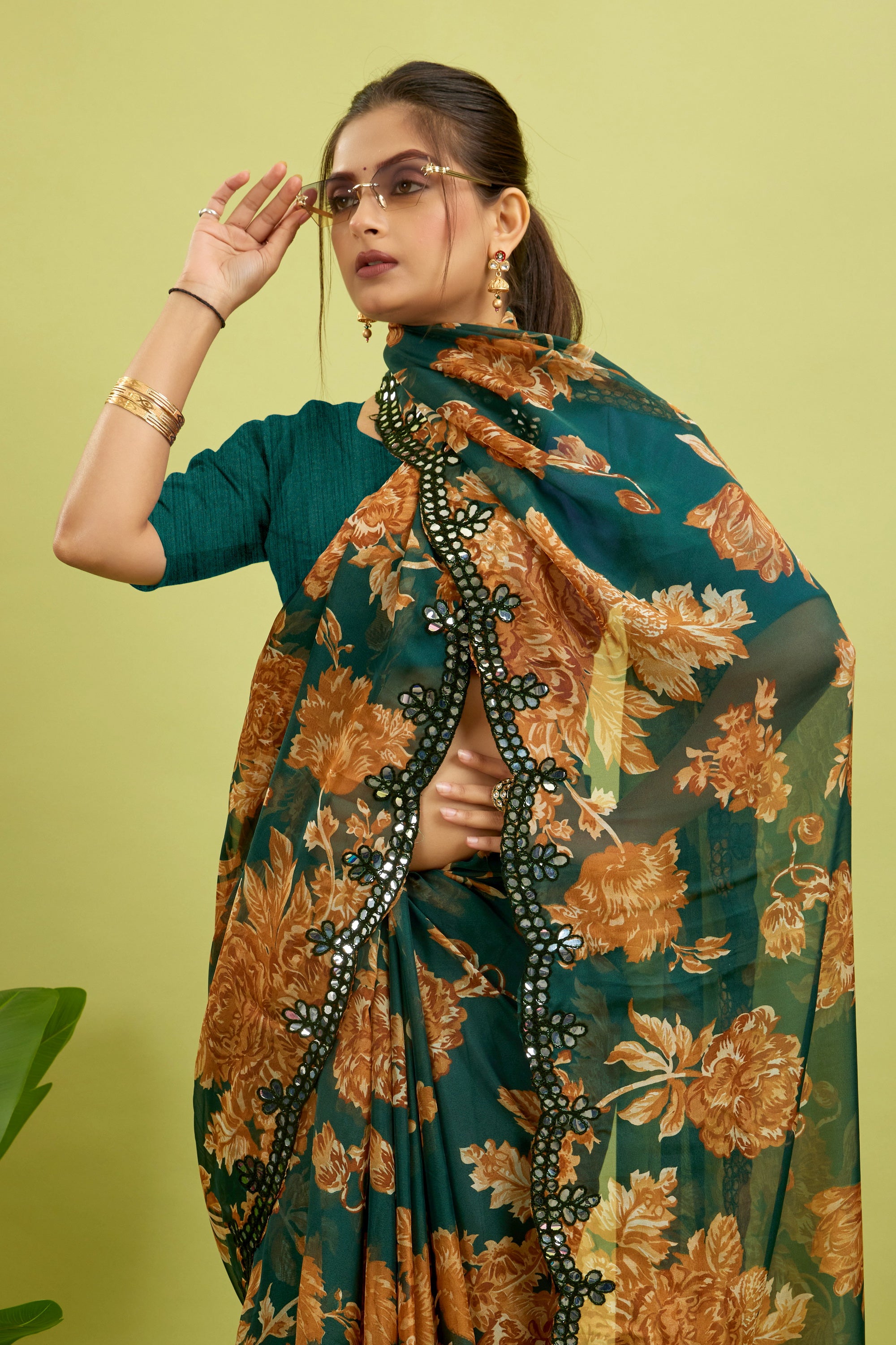 Green Foil Work Border Georgette saree