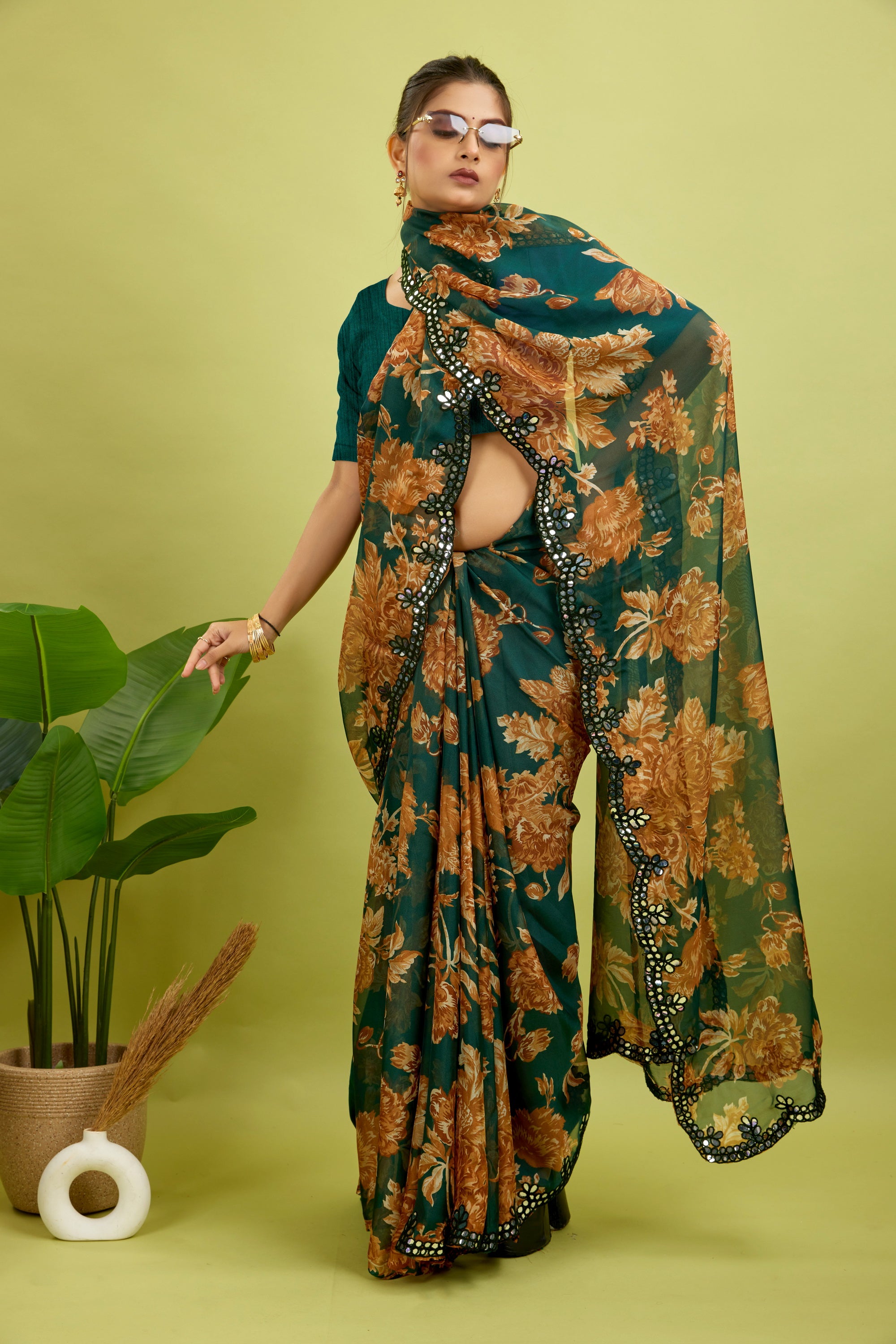 Green Foil Work Border Georgette saree