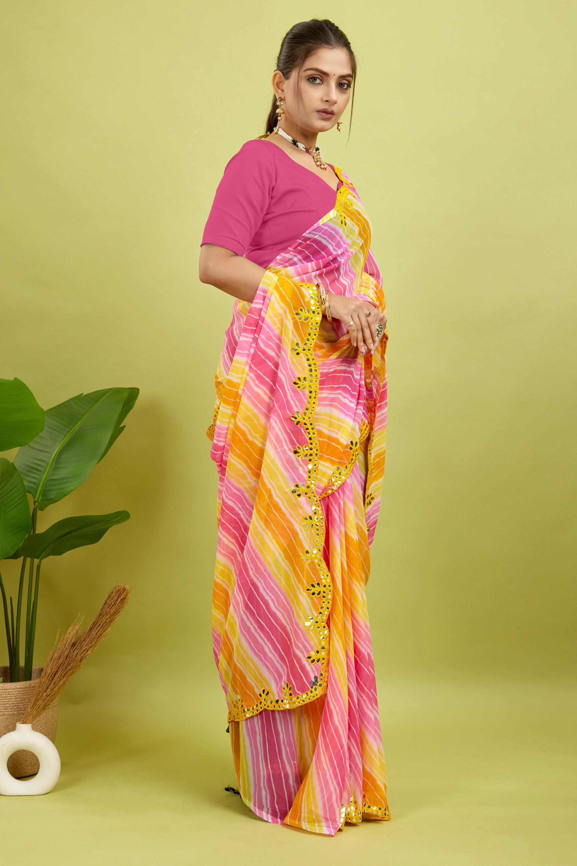 Yellow Foil Work Border Georgette saree