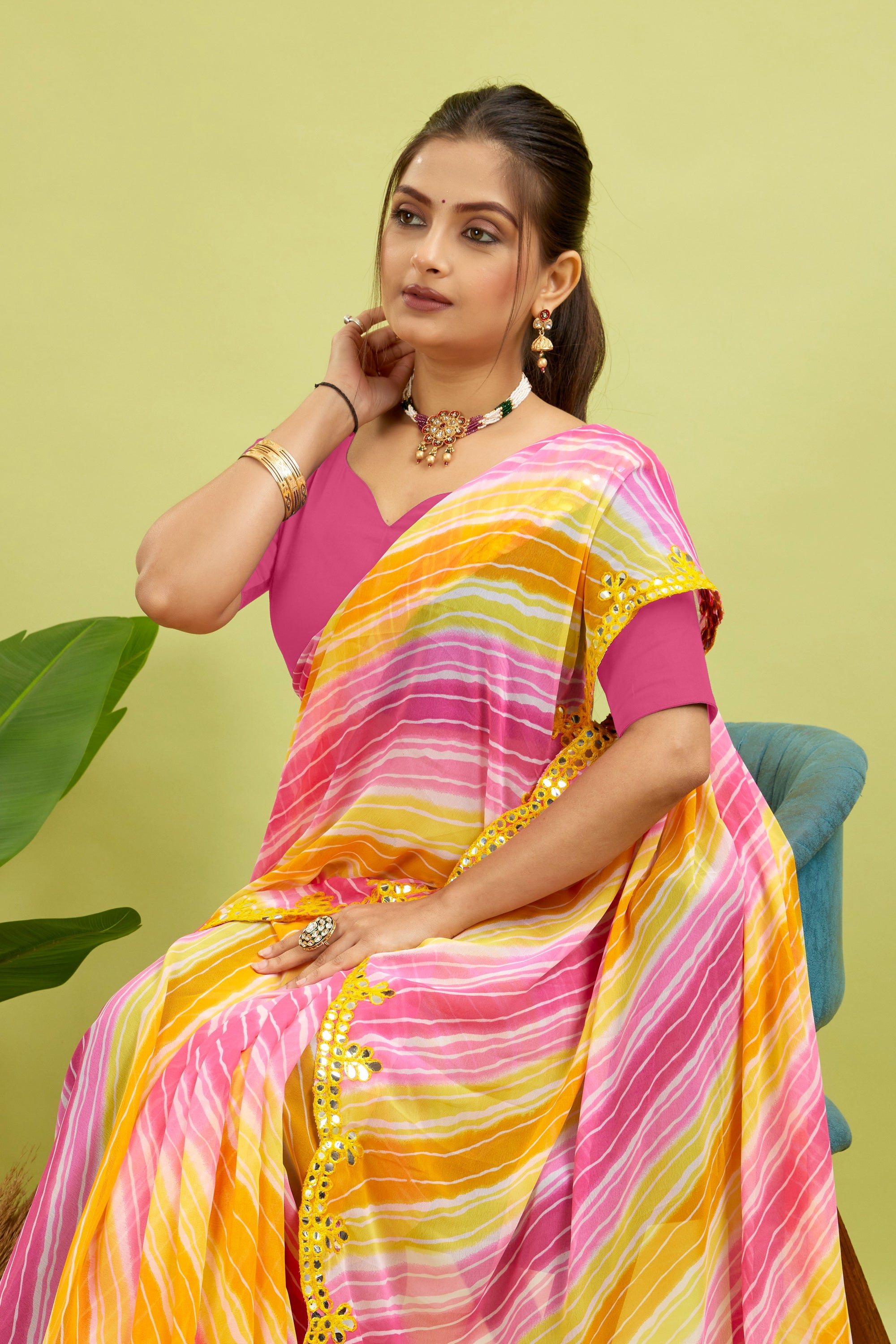 Yellow Foil Work Border Georgette saree