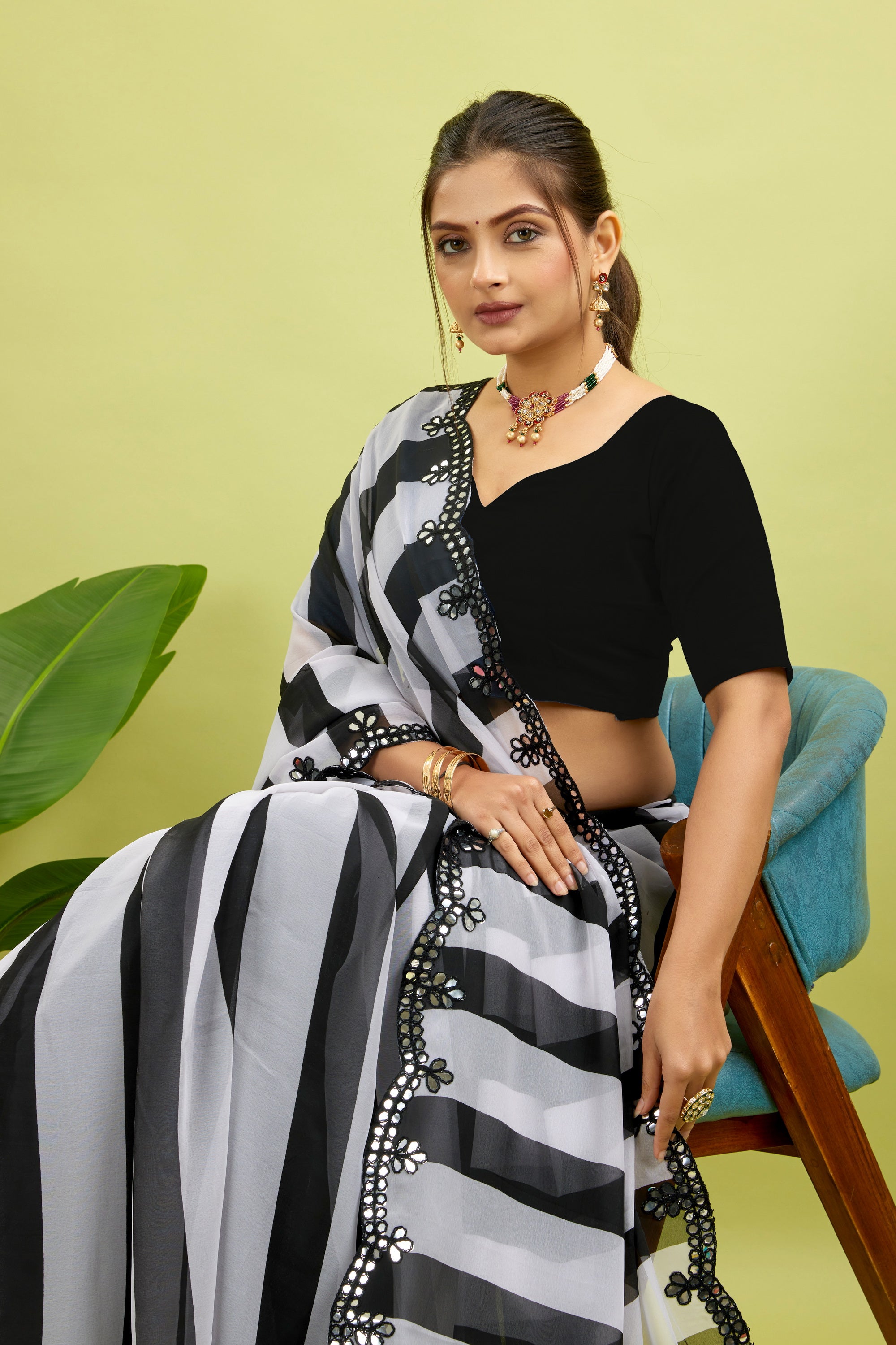 Black Foil Work Border Georgette saree