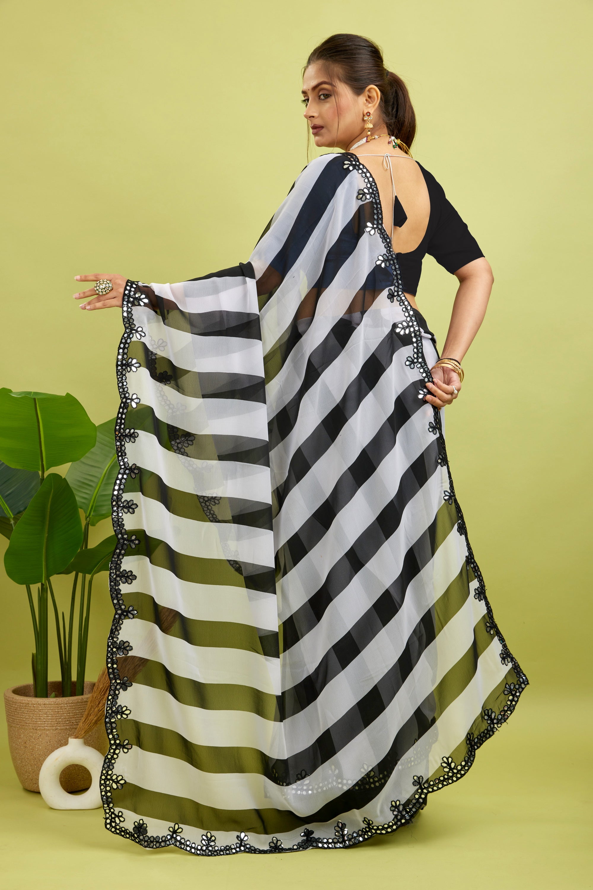 Black Foil Work Border Georgette saree