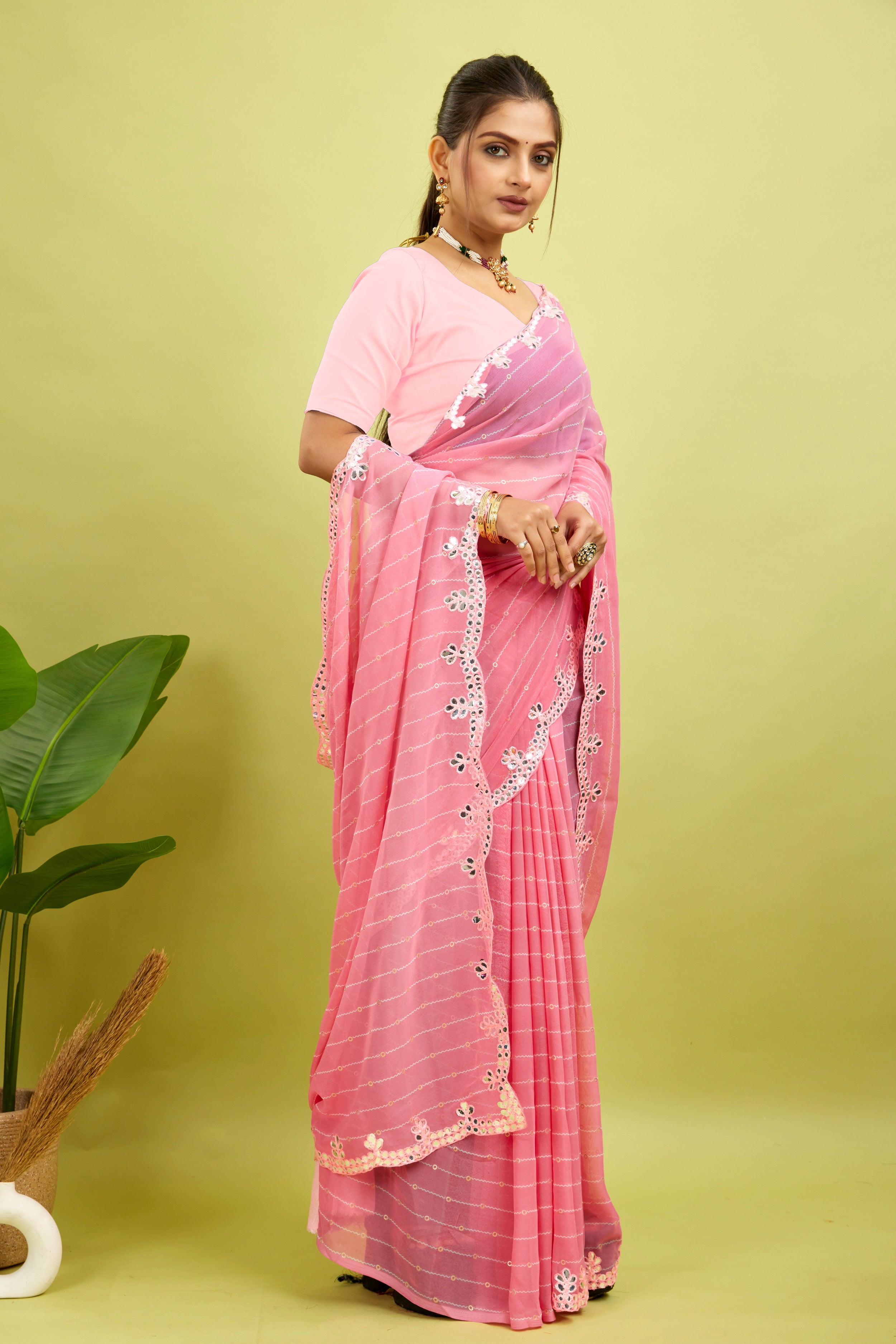 Pink Foil Work Border Georgette saree