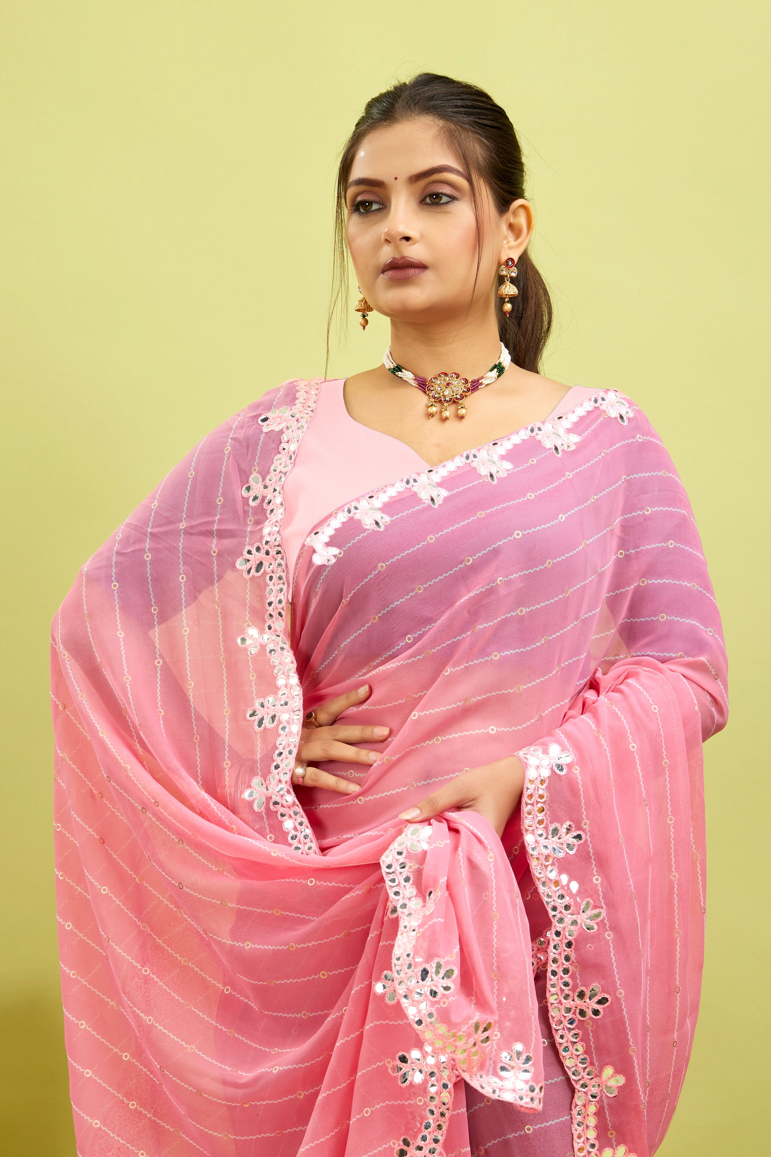 Pink Foil Work Border Georgette saree