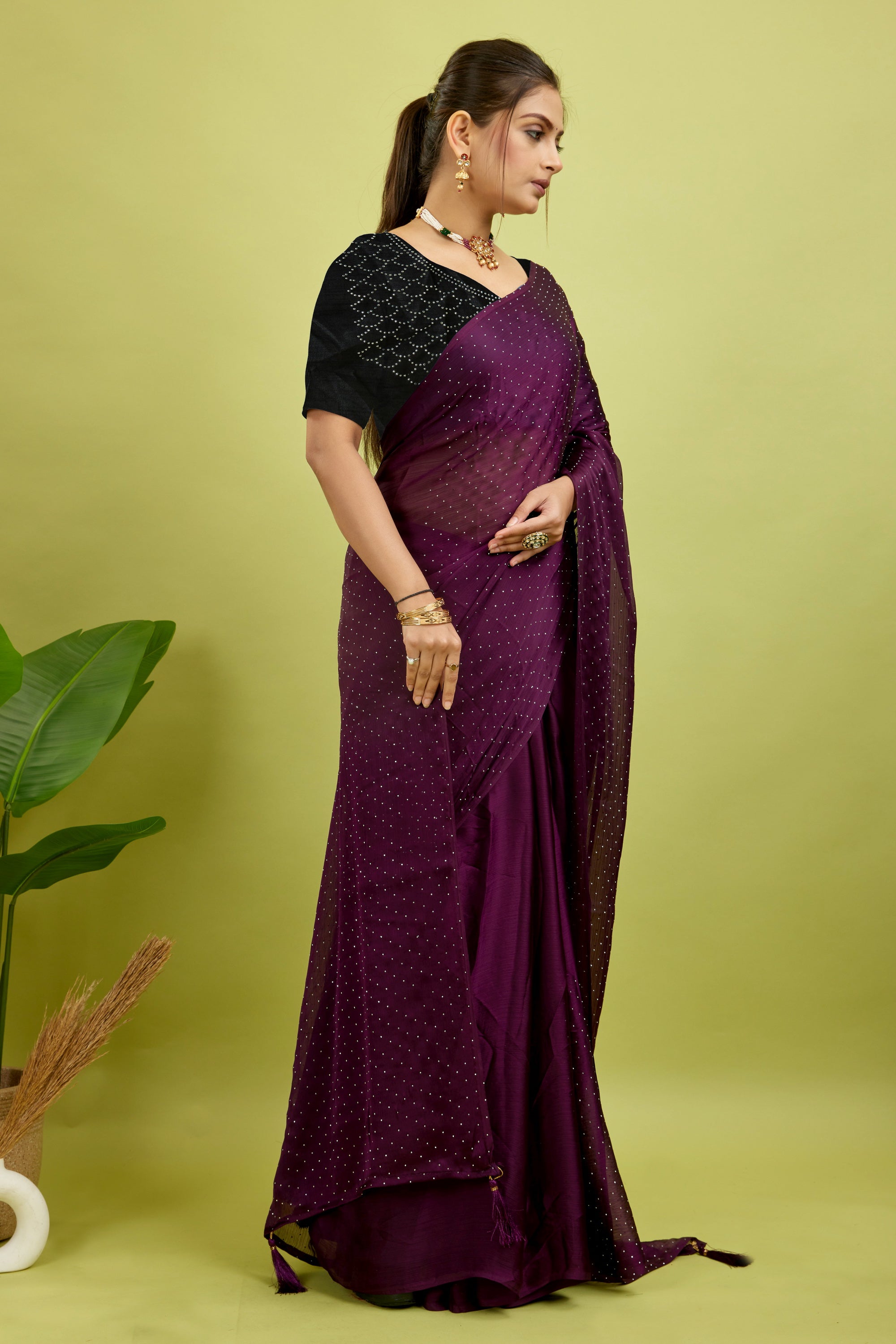 Purple Stone Work Satin Chiffon Saree