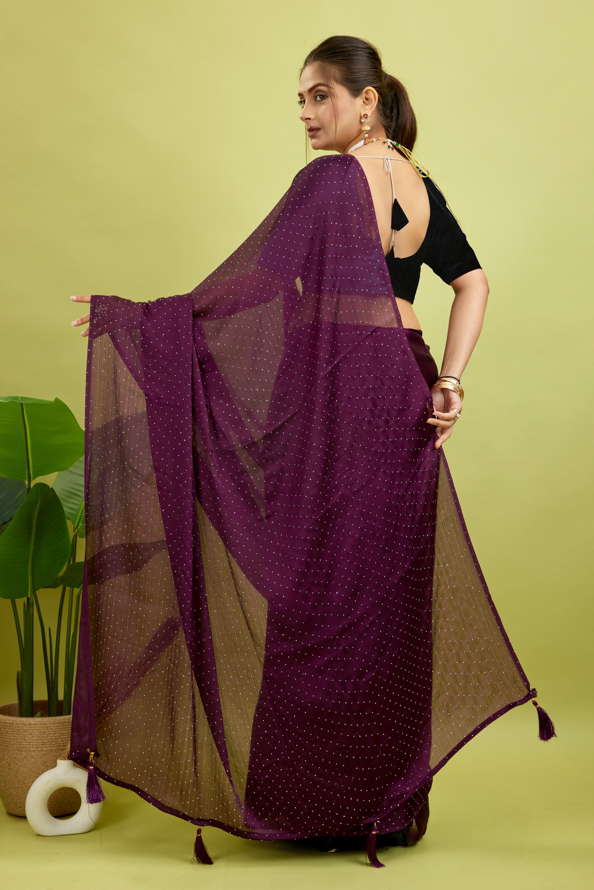 Purple Stone Work Satin Chiffon Saree