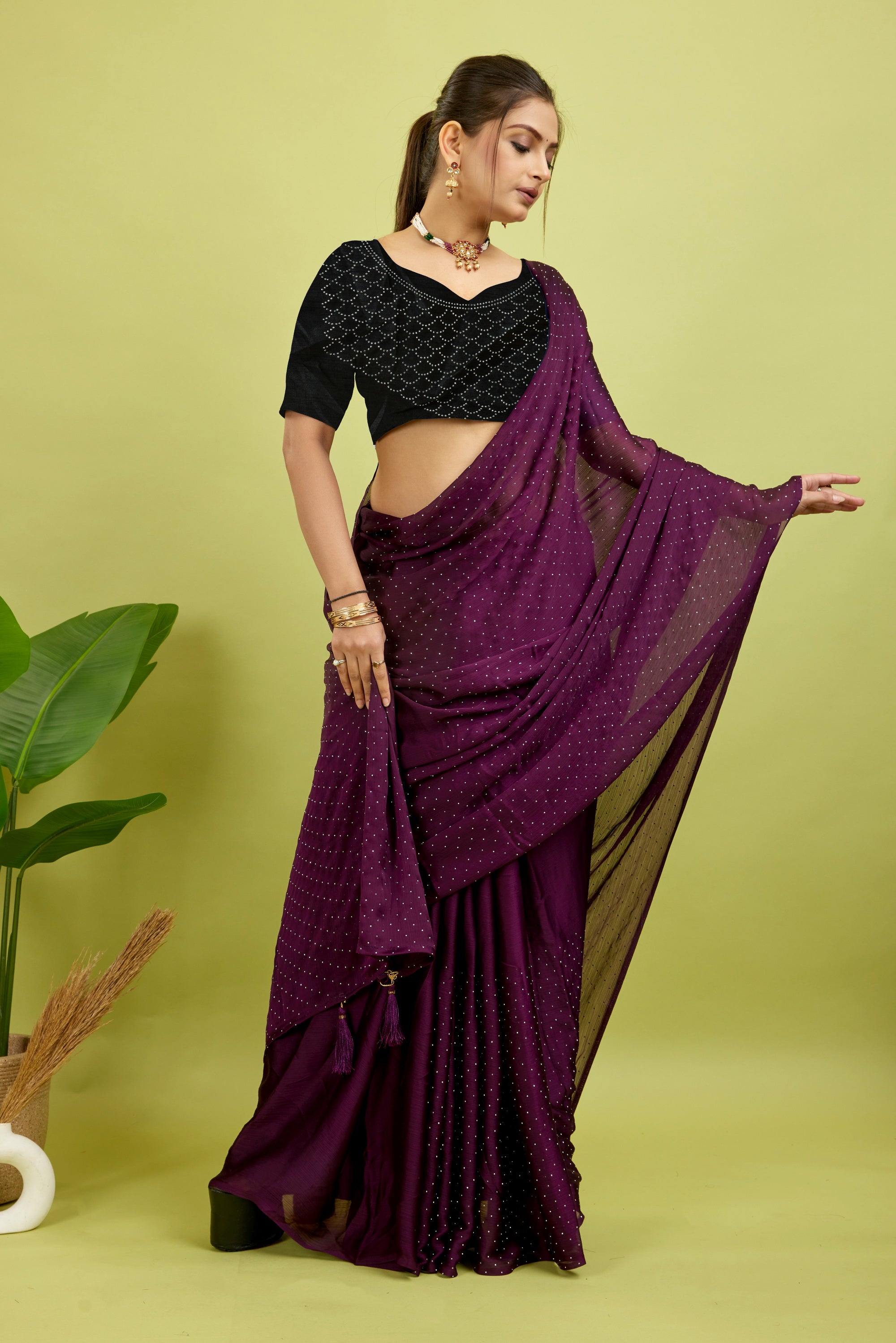 Purple Stone Work Satin Chiffon Saree