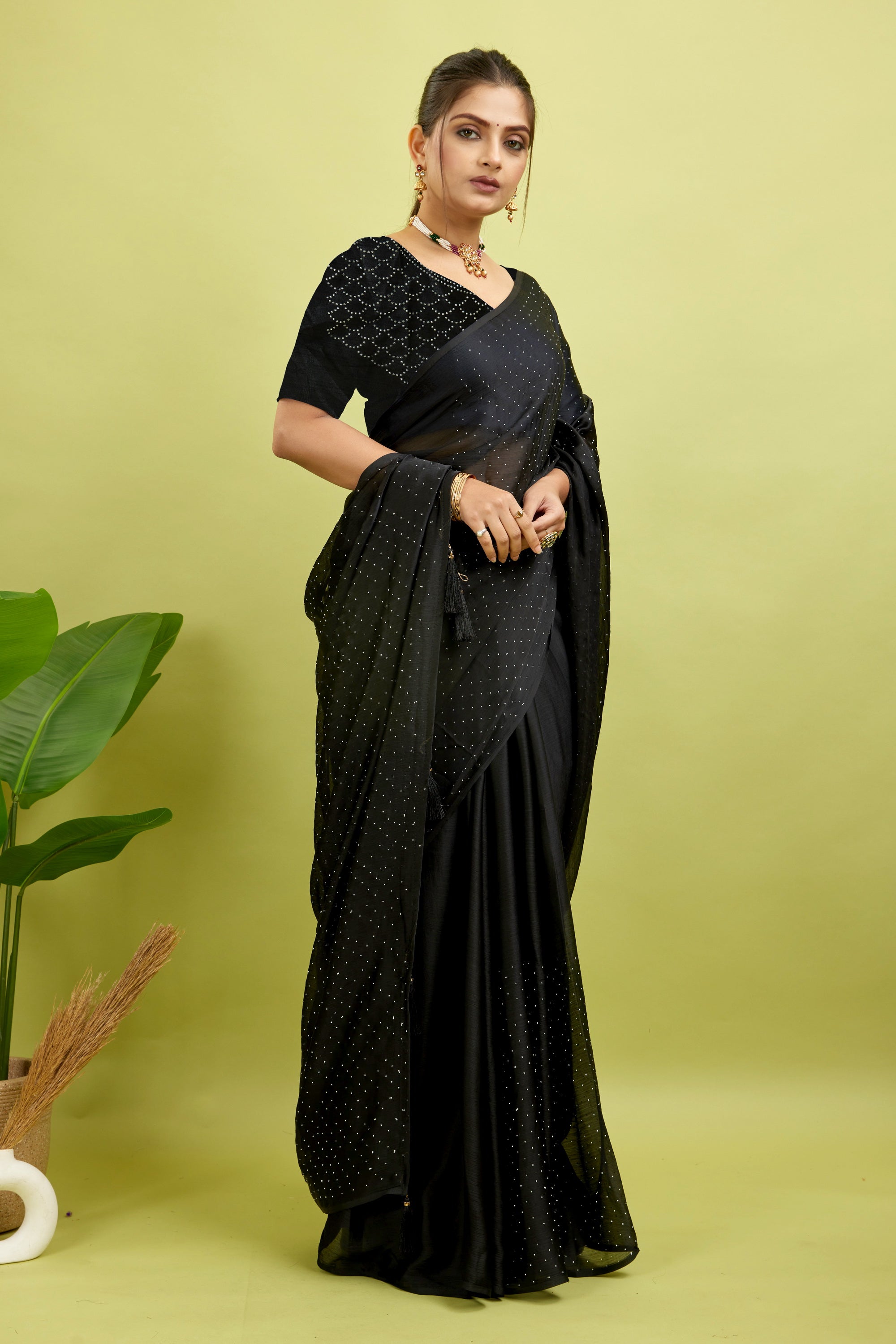 Black Stone Work Satin Chiffon Saree