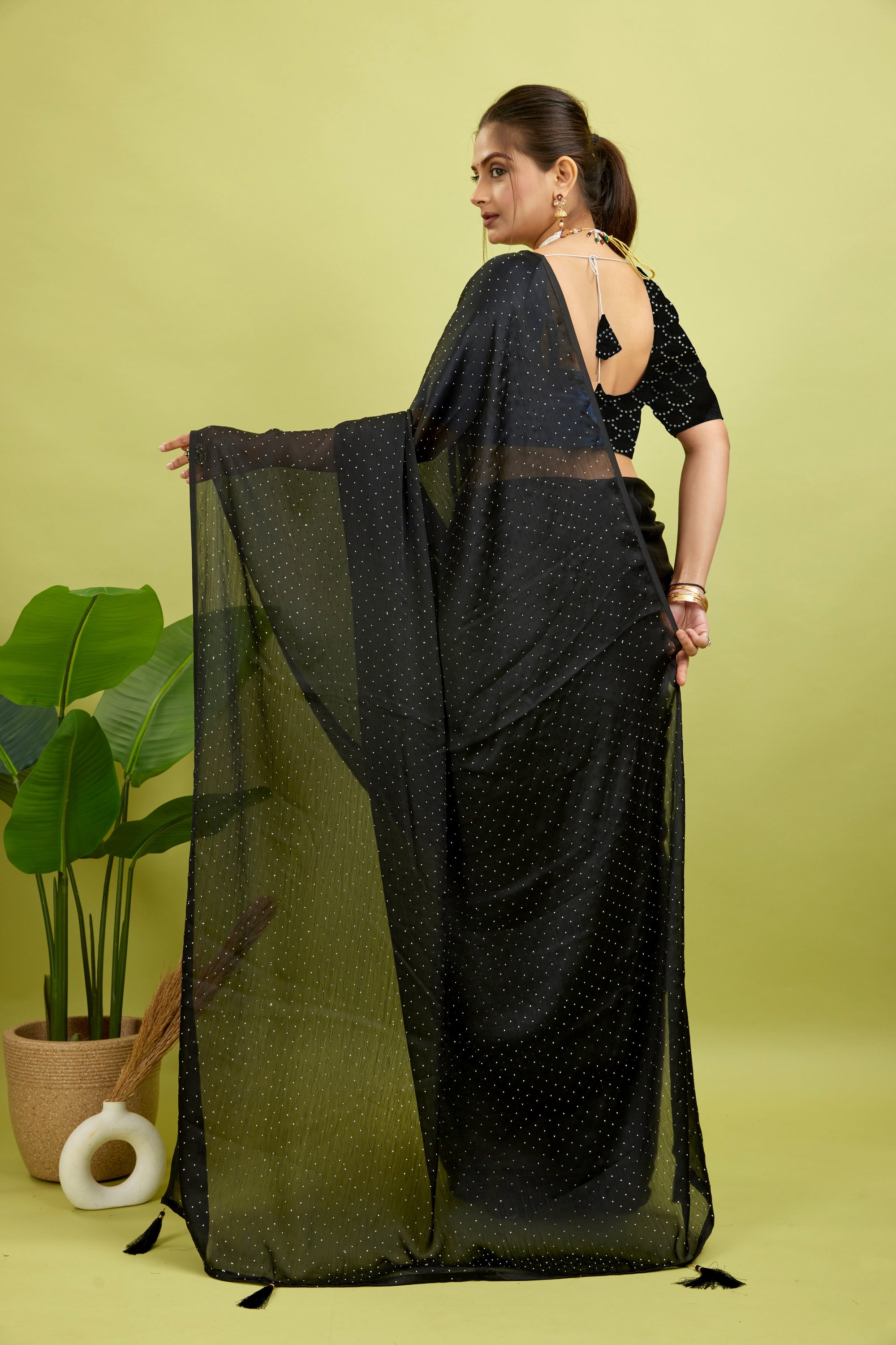 Black Stone Work Satin Chiffon Saree