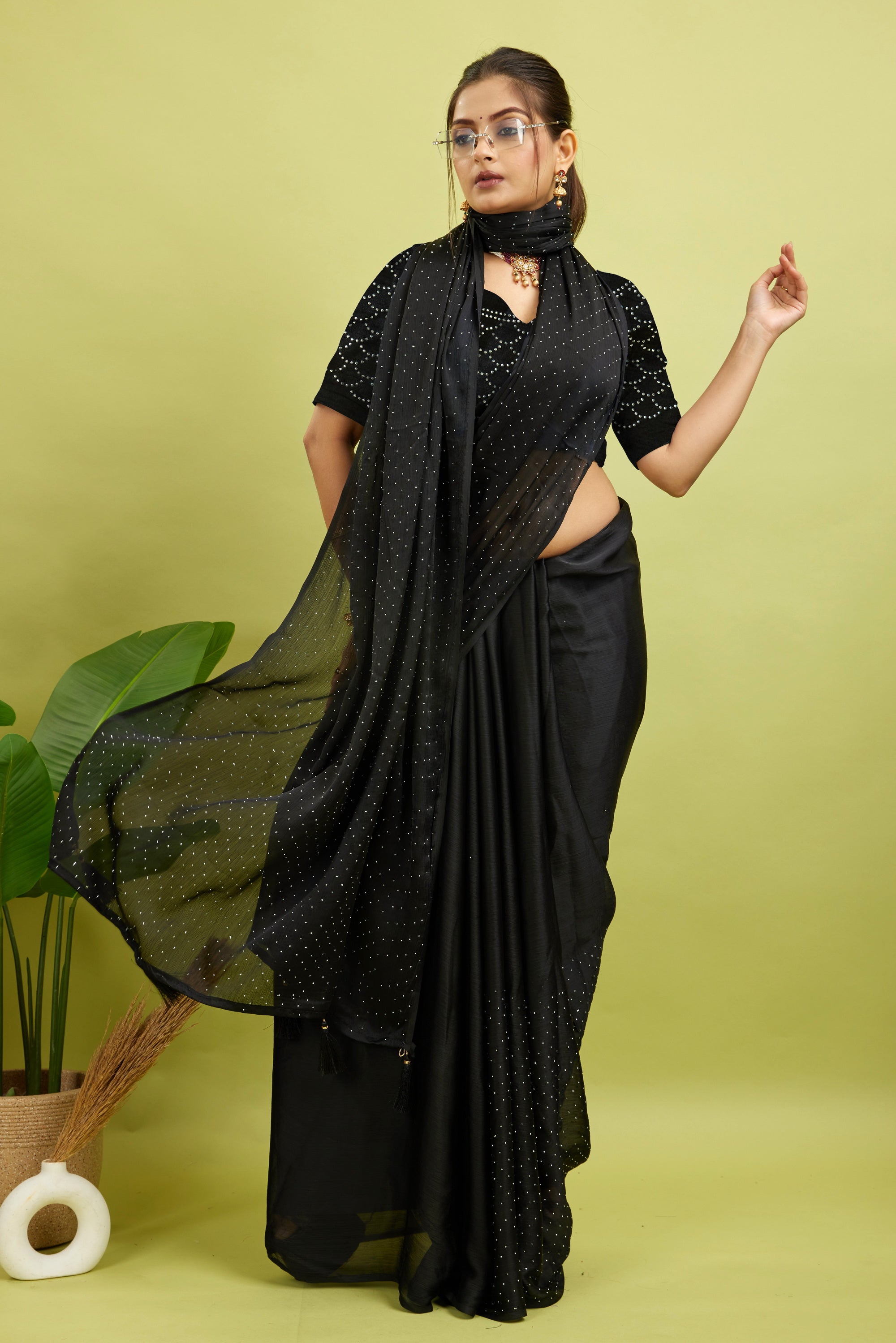 Black Stone Work Satin Chiffon Saree