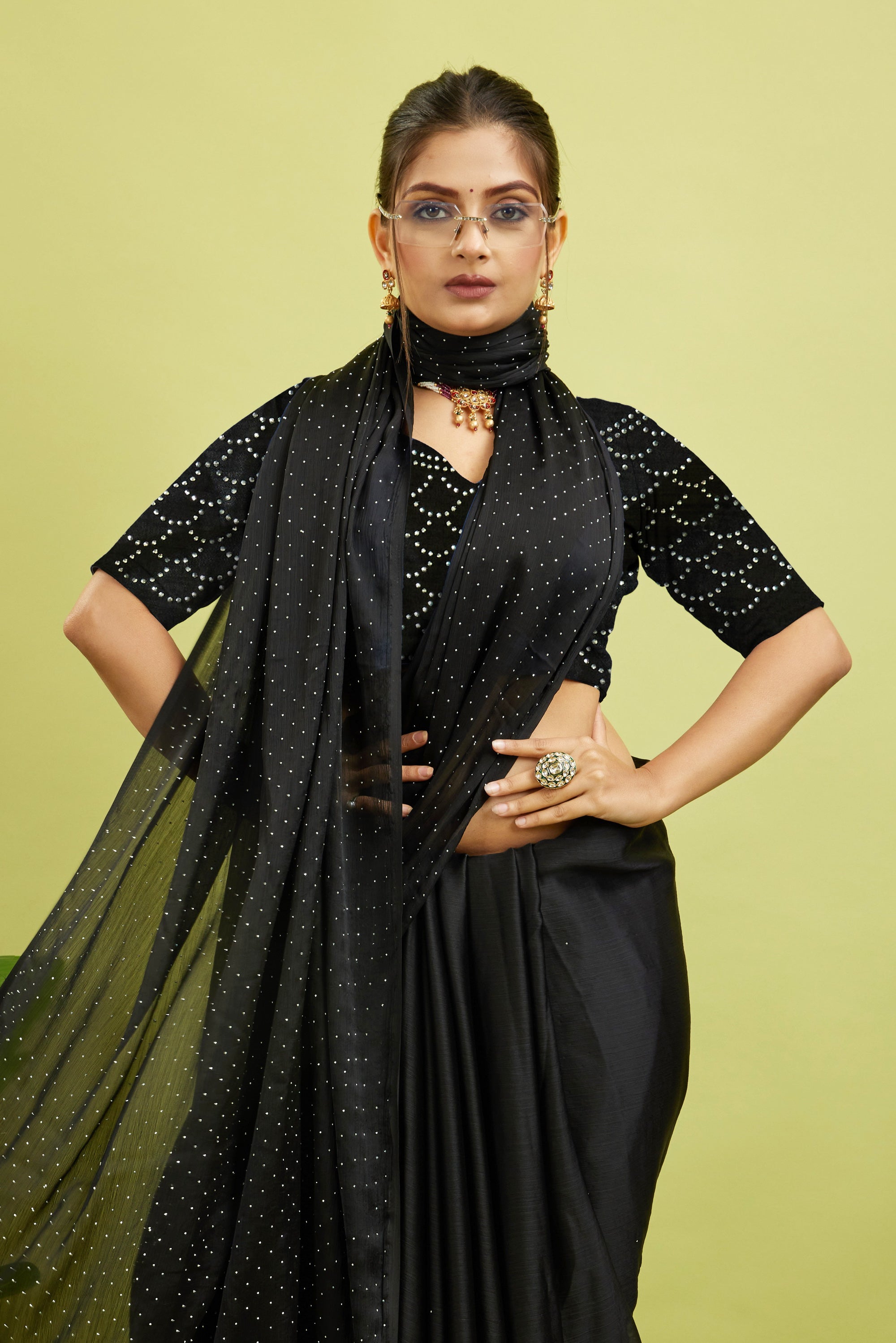 Black Stone Work Satin Chiffon Saree