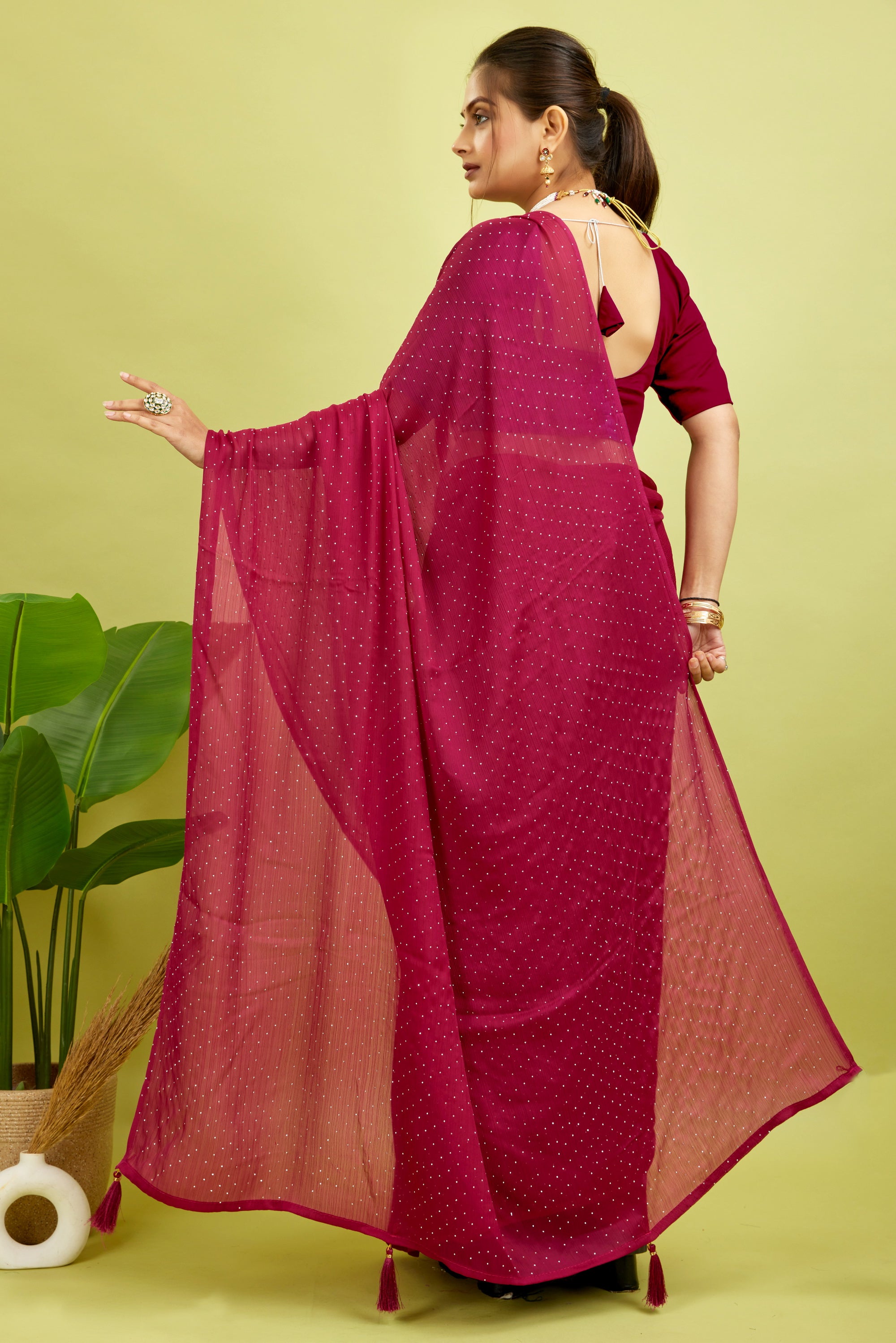 Red Stone Work Satin Chiffon Saree