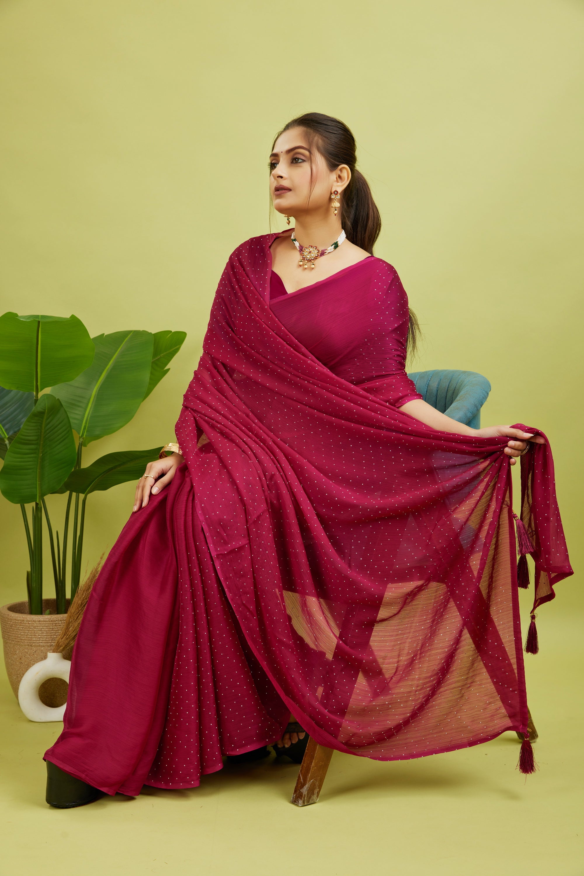 Red Stone Work Satin Chiffon Saree